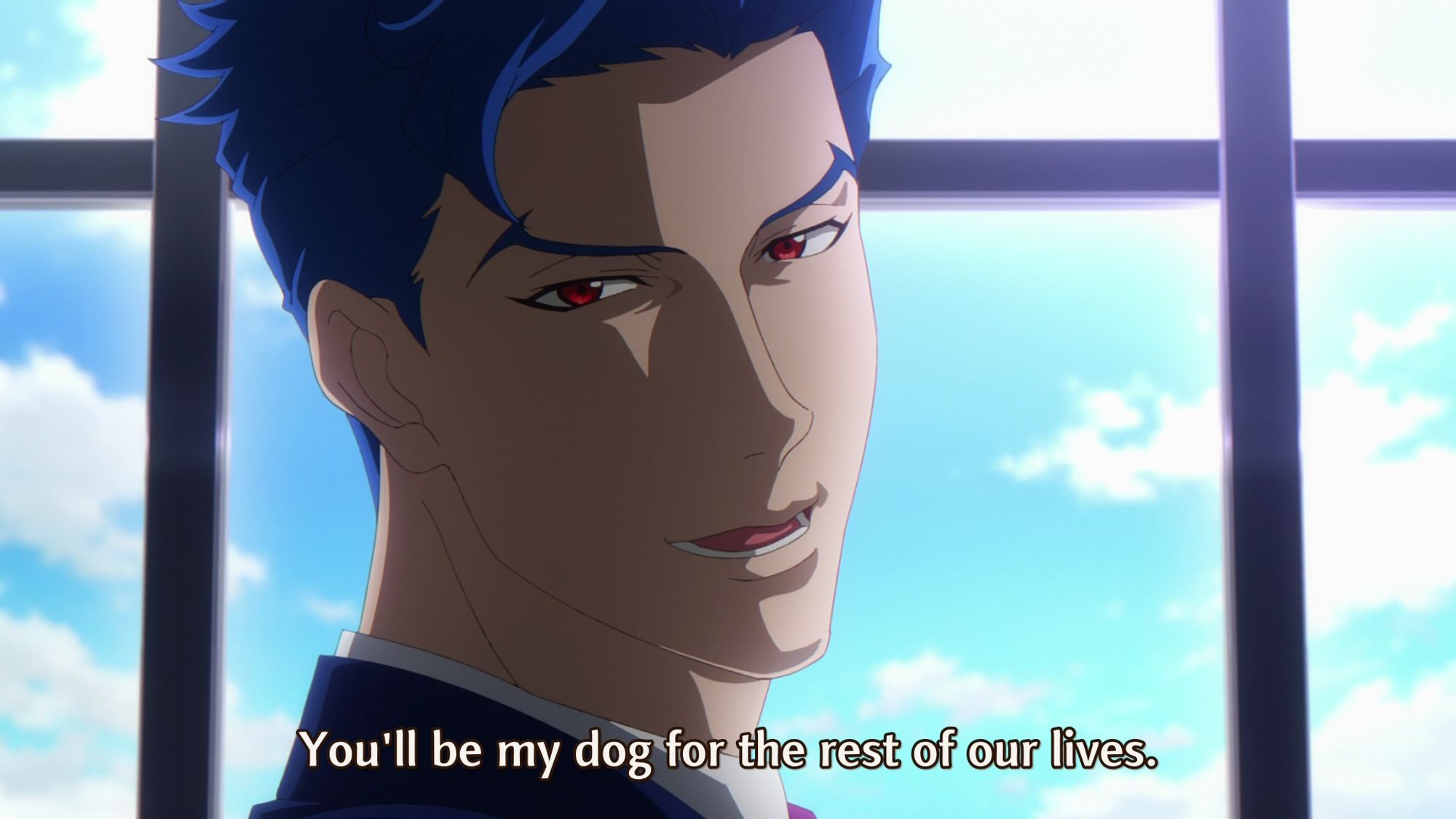 Frame from Sk8 the Infinity, it's day-time, inside a room in front of a window, Ainosuke is looking back at Tadashi (who's out of frame), the subtitle reads: " You'll be my dog for the rest of our lives".