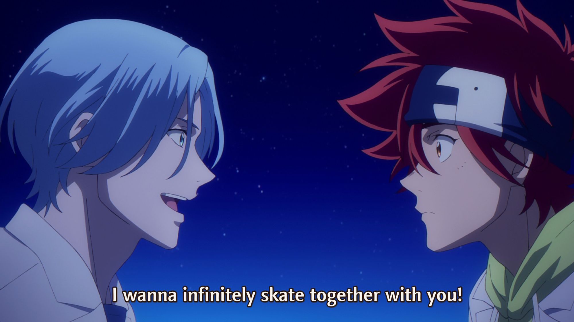 frame from anime Sk8 the infinity, it's night-time, they're outside, Langa and Reki are talking while looking at each other's eyes the subtitle reads: "I wanna infinitely skate together with you!"