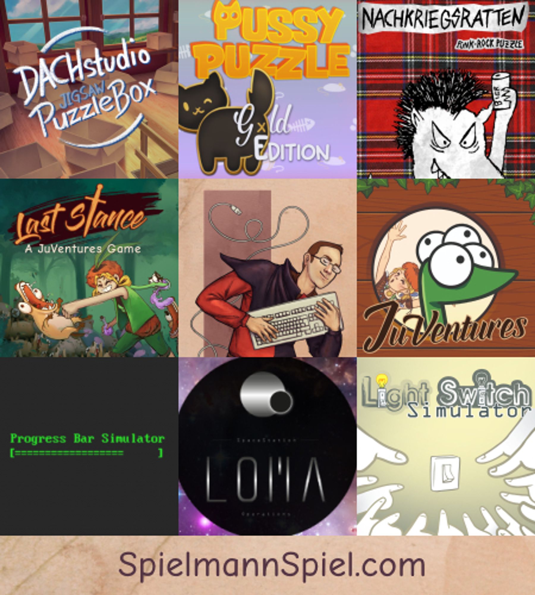 TL;DR: A collage of game titles and artwork, showing SpielmannSpiels indie game developer's portfolio with a mix of game genres and styles.

Description: The image is a 3x3 grid showcasing various video game cover art or promotional images. Each square highlights a different game:
1. DACHstudio Jigsaw Puzzle Box - A puzzle game with a window and jigsaw pieces.
2. Pussy Puzzle Gold Edition - Featuring a black cats in a "playful" style winking.
3. Nachkriegsratten - A punk-rock themed puzzle with a rat holding a drink.
4. Last Stance - A comic-style image of Nita punching an angry doggo.
5. Artist depiction - A middle square showing a person with glasses, the publisher, typing at a keyboard.
6. JuVentures - Snek, the multy-eyed snake and Nita.
7. Progress Bar Simulator - Minimalistic, green text on black resembling a loading screen.
8. Space Station Loma: Operations - A space-themed game with a central abstract design.
9. Light Switch Simulator - Shows a light switch with minimalist desi