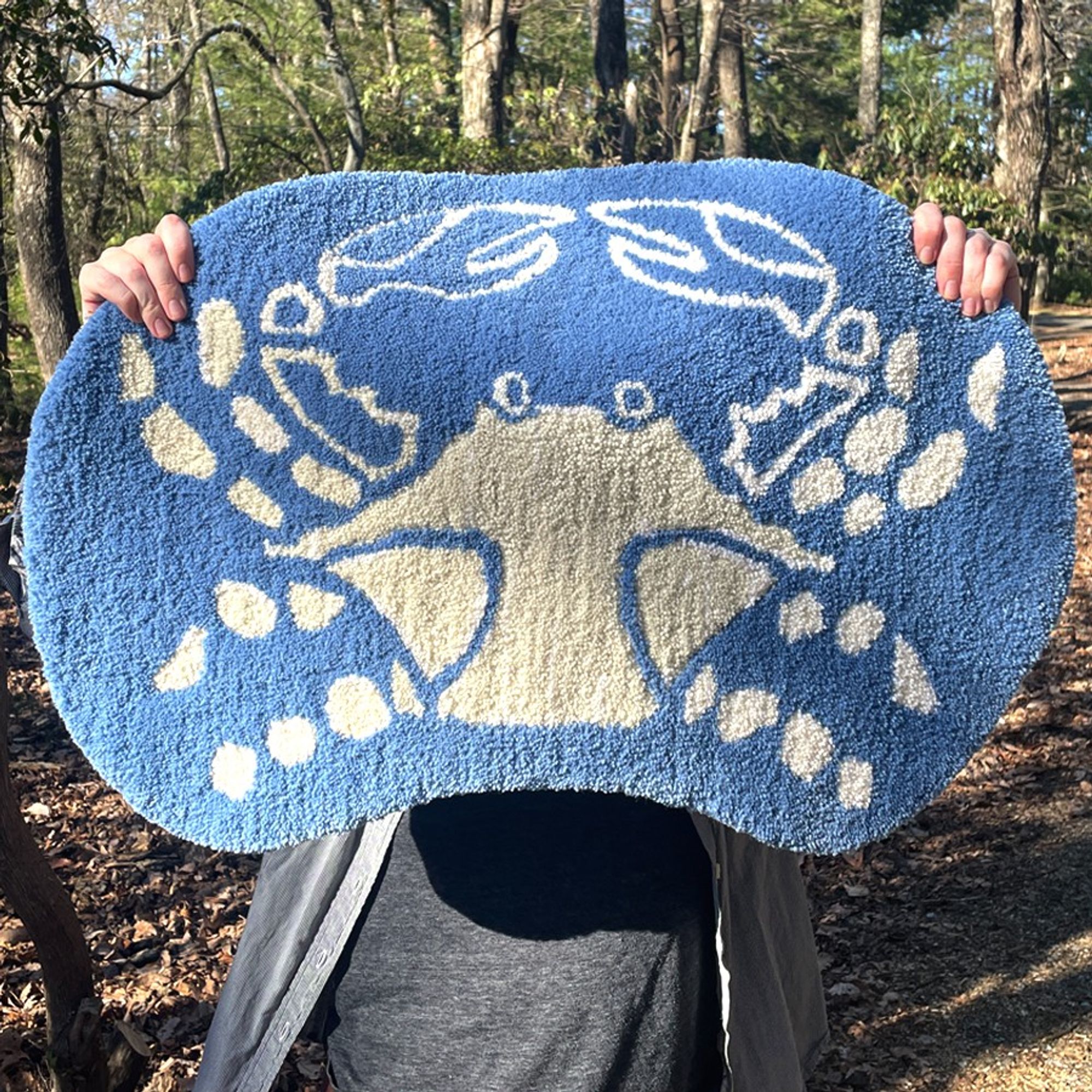 A light blue rug with a white crab on it