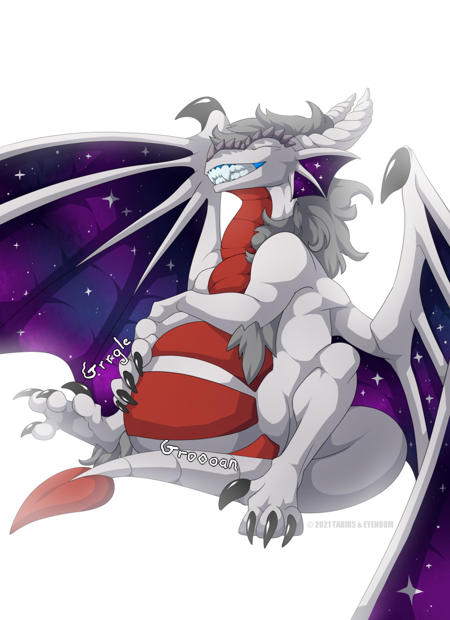 White dragon holding its big belly with gurgling noises coming from it