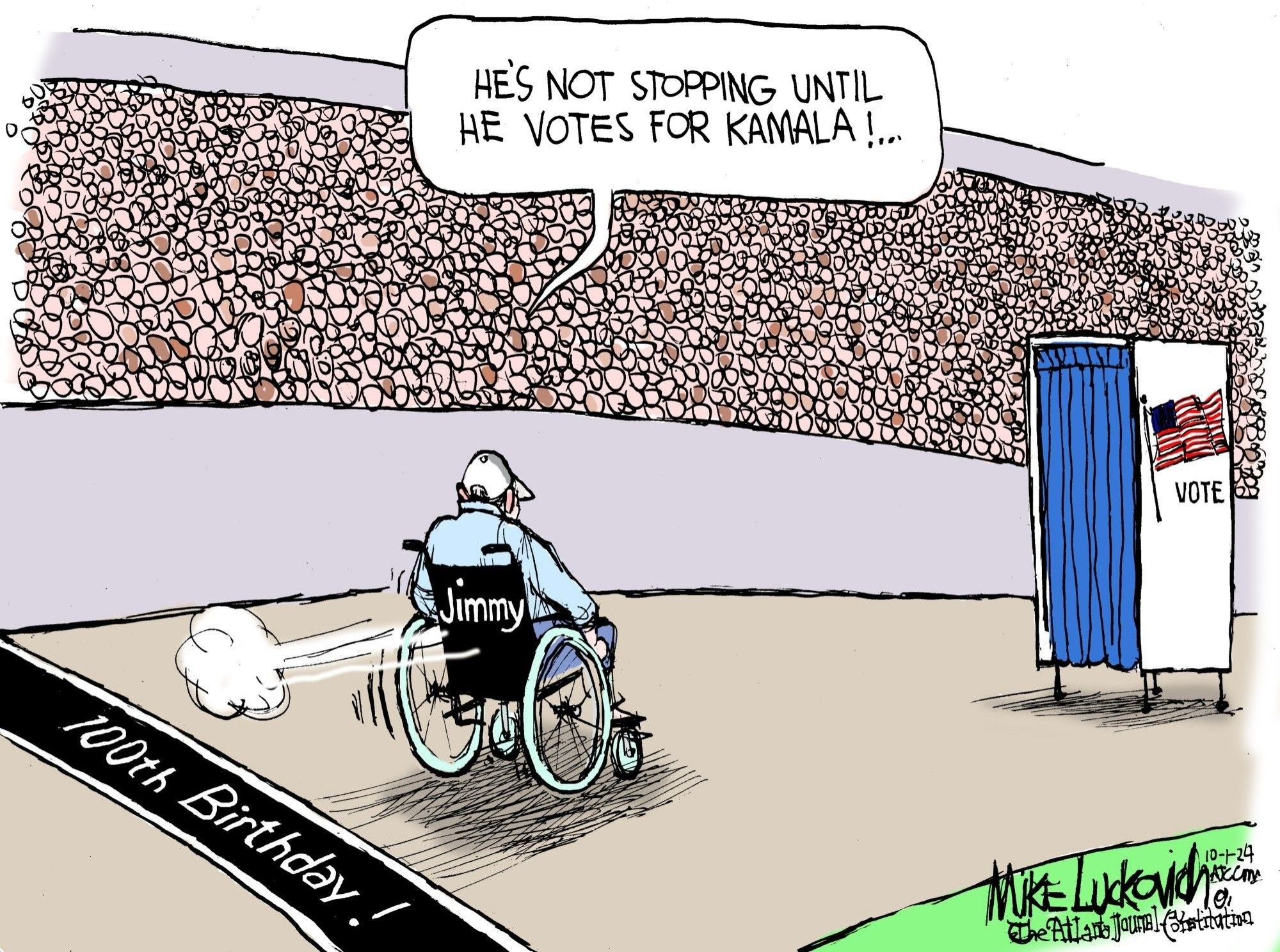 Mike Luckovich editorial cartoon AJC 10-1-24: drawing of a man in a wheelchair with the word "Jimmy" seen from behind, on a racetrack, as he speedily crosses the finish line, in front of a voting booth marked with an American flag, and a huge crowd cheers, a voice bubble reads, "He's not stopping until he votes for Kamala!"