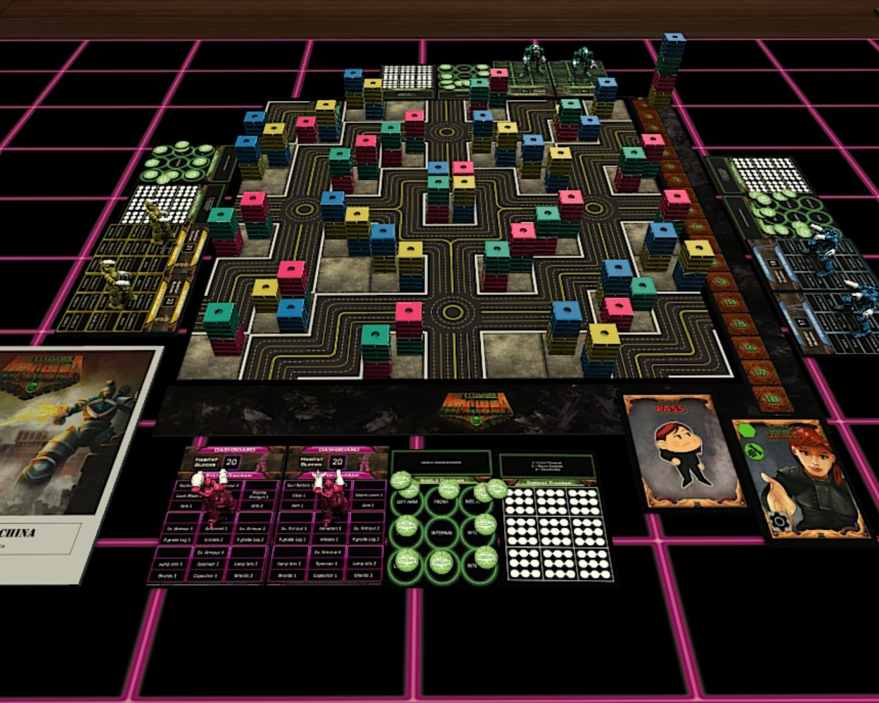 The Titanomachina DLC for Tabletop Simulator, set up for a quick-start including 1 rule book, 1 board, 4 personality cards, 4 pass cards, and for each player 25 habitat blocks, 10 shield tokens, 1 damage diagram card, 1 shield diagram card and 2 Titan configurations (1 figurine, 1 dashboard card, 22 system cards). 

Titans and habitat blocks were sculpted by Jason Miller. Board and card art by Loic Billiau. Additional card art by Kristina Amuan. https://steamcommunity.com/sharedfiles/filedetails/?id=2091149334