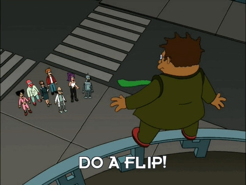 A man stands in a roof top. Bender from Futurama shouts: "Do a flip!"