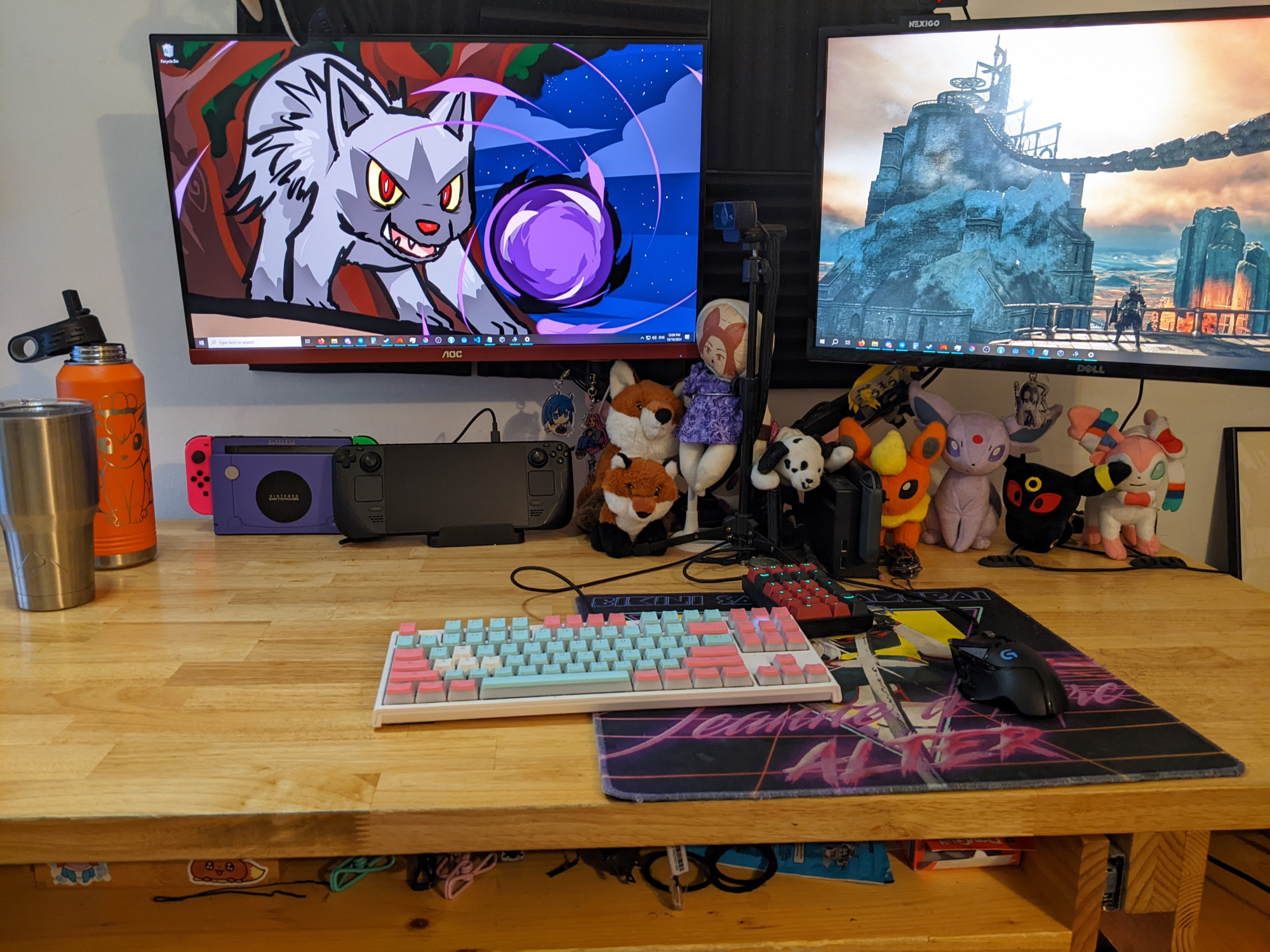 My desk! Its got a bunch of plushies, two monitors, a jalter mousepad and my switch and steam deck