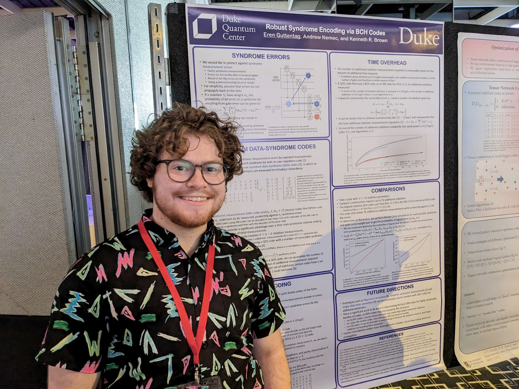 Eren Guttentag standing in front of poster describing robust syndrome extraction at the QEC23 conference.