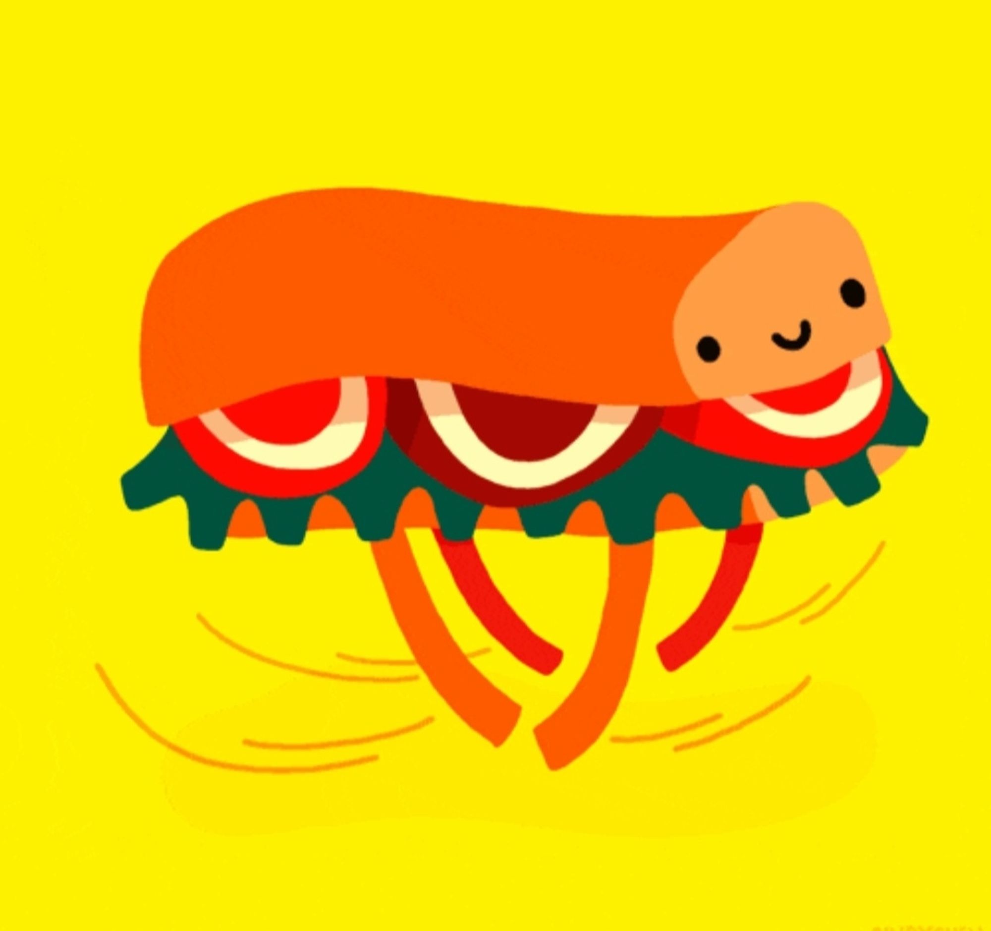 Cartoon of a sub sandwich with legs running. It has a bright yellow background.