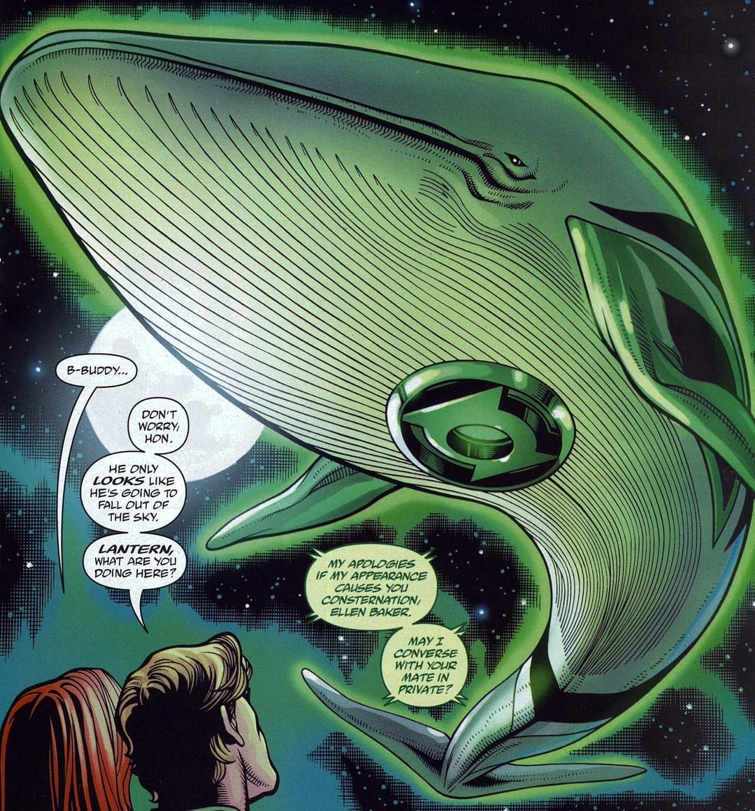 Comic page of the gigantic green lantern whale flying in the sky at night,  above teo people and talking to them 