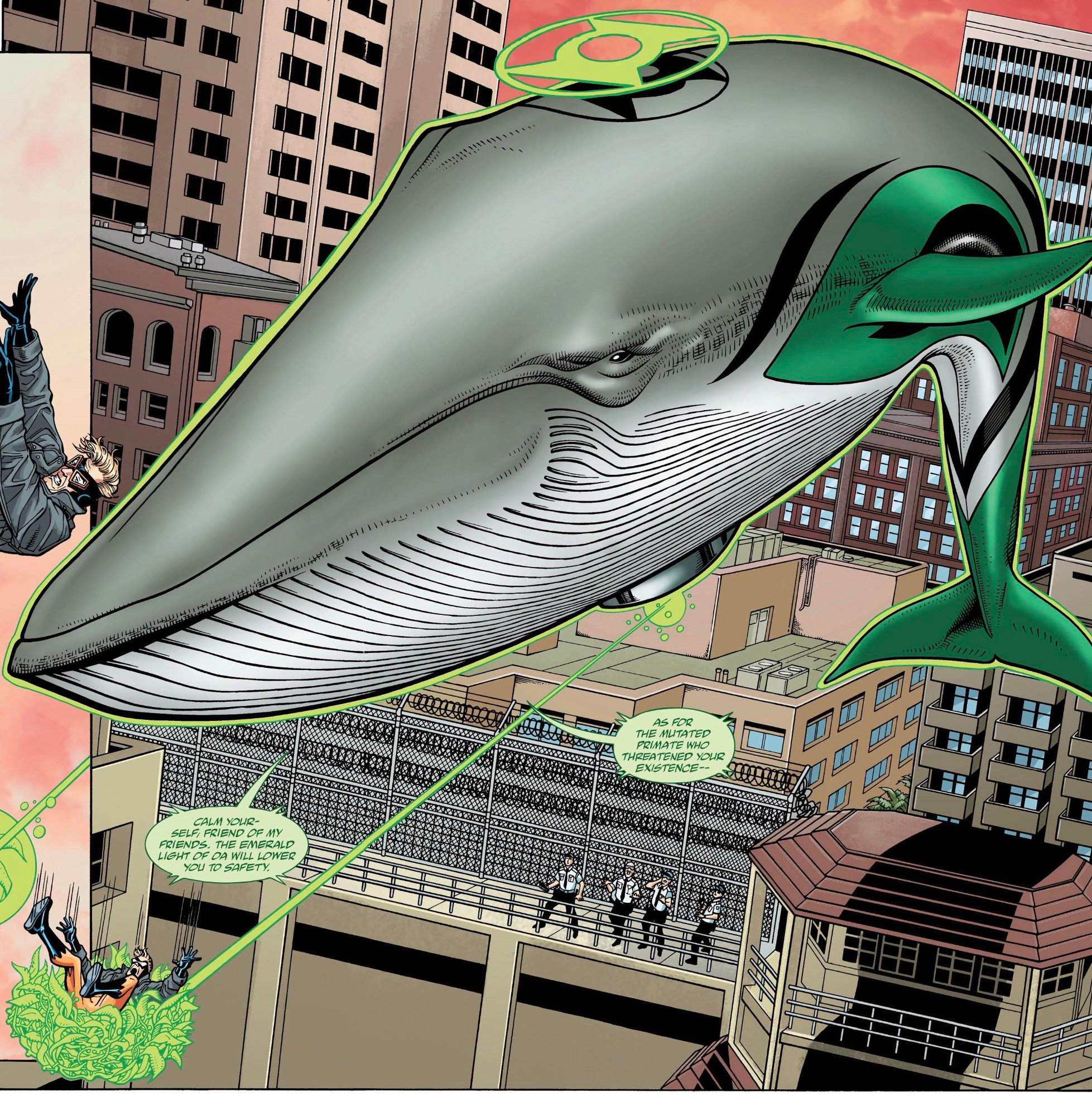 Picture of a DC comic of a Green Lantern that's a gigantic whale, flying thru a city and using it's ring to capture a perskn falling 