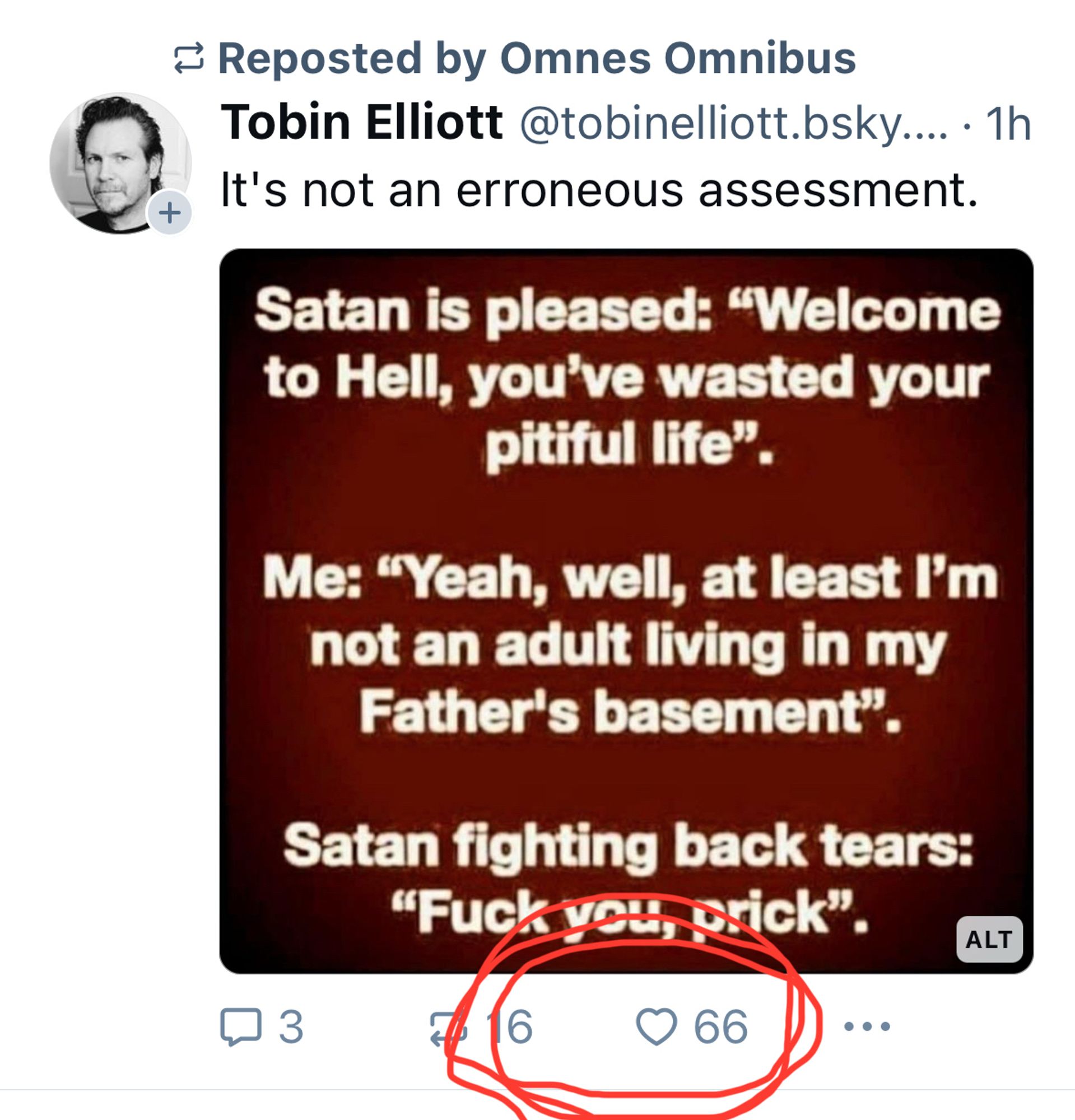 A post with a Satan joke with 16 reskeets and 66 likes --> 6-6-6