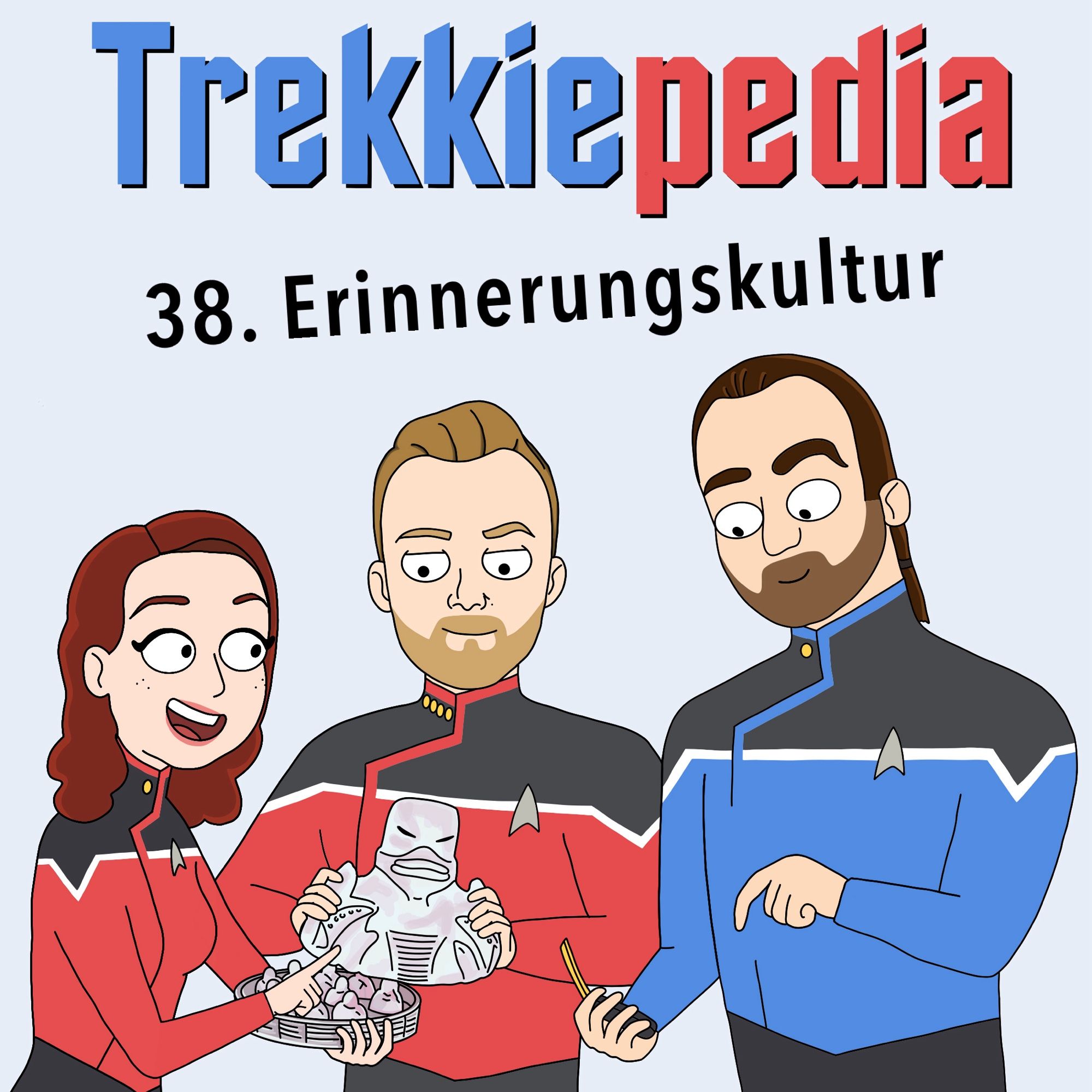 Episodengraphik „Trekkiepedia 38. Erinnerungskultur“ mit den Lower Decks-Avataren von Ensign Tanja, Captain Benjamin (mit kurlanischem Naiskos) und Ensign Peter (mit TOS Kommunikator).