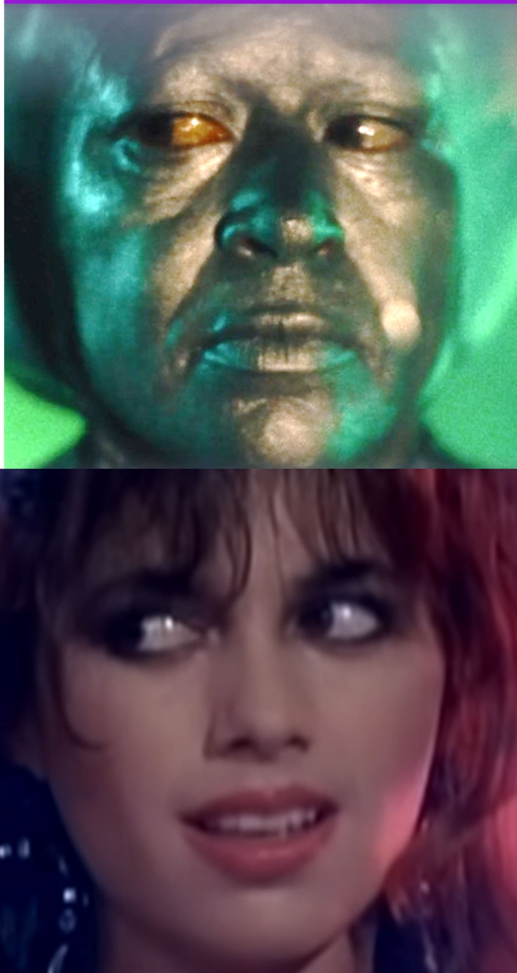 Two face pics, top is the green-gold head of the Martian character from Invaders from Mars (1953). Bottom is a picture of a non-Martian female, actually a lead singer from the band The Bangles. The eyes of both faces are looking to the extreme left.