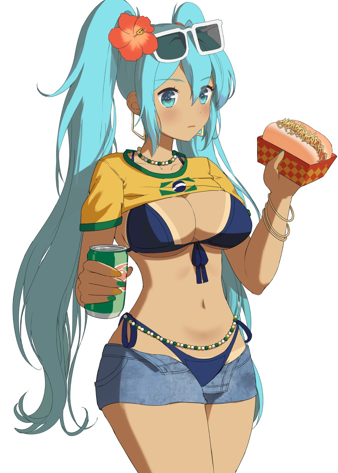 Brazilian Hatsune miku with tanned skin, bikini, sunglasses, a can of guaraná and a Brazilian hotdog.