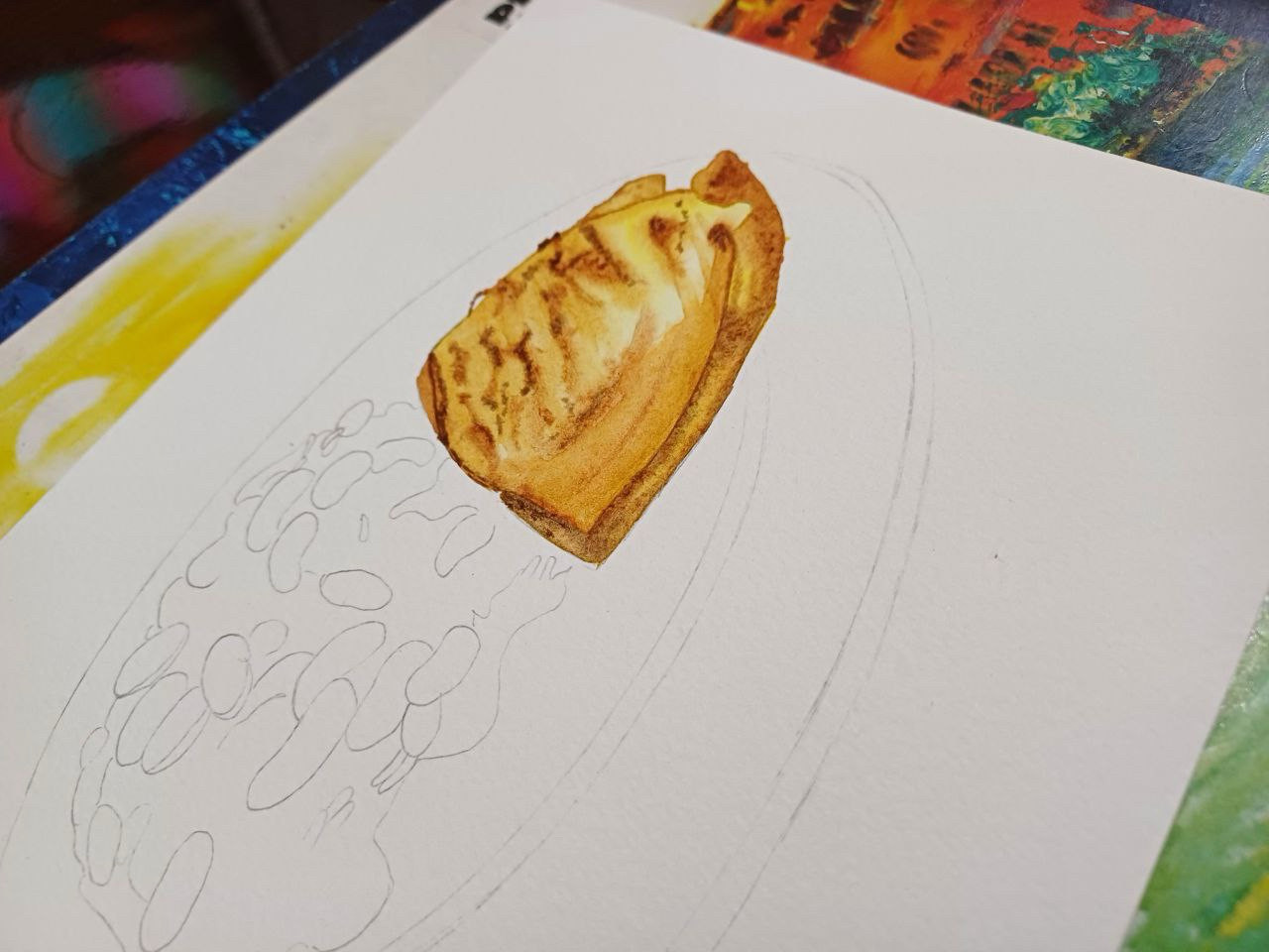 Work in progress of watercolour illustration of rice beans and chicken