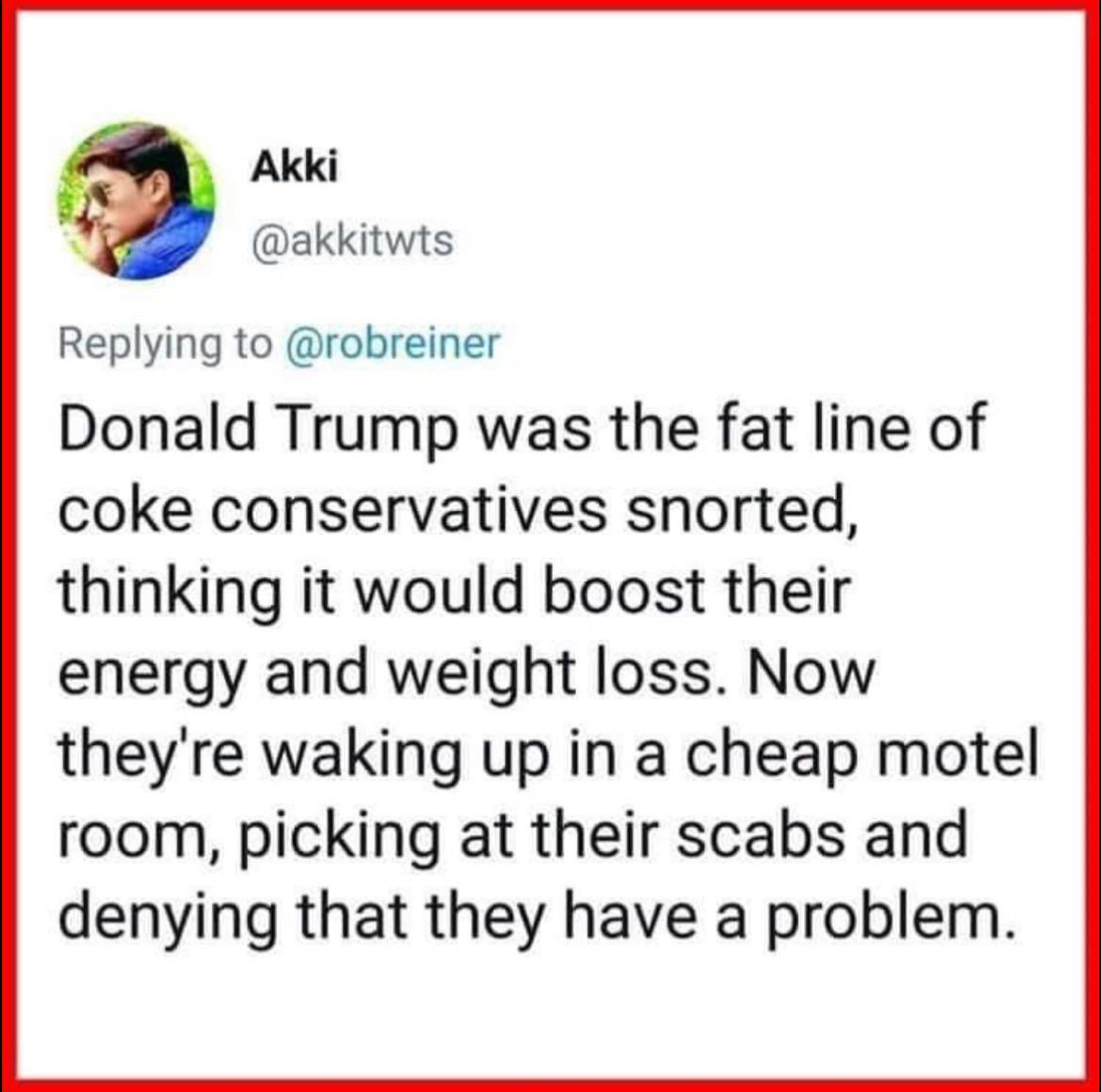 Akki
@akkitwts
Replying to @robreiner
Donald Trump was the fat line of coke conservatives snorted, thinking it would boost their energy and weight loss. Now they're waking up in a cheap motel room, picking at their scabs and denying that they have a problem.