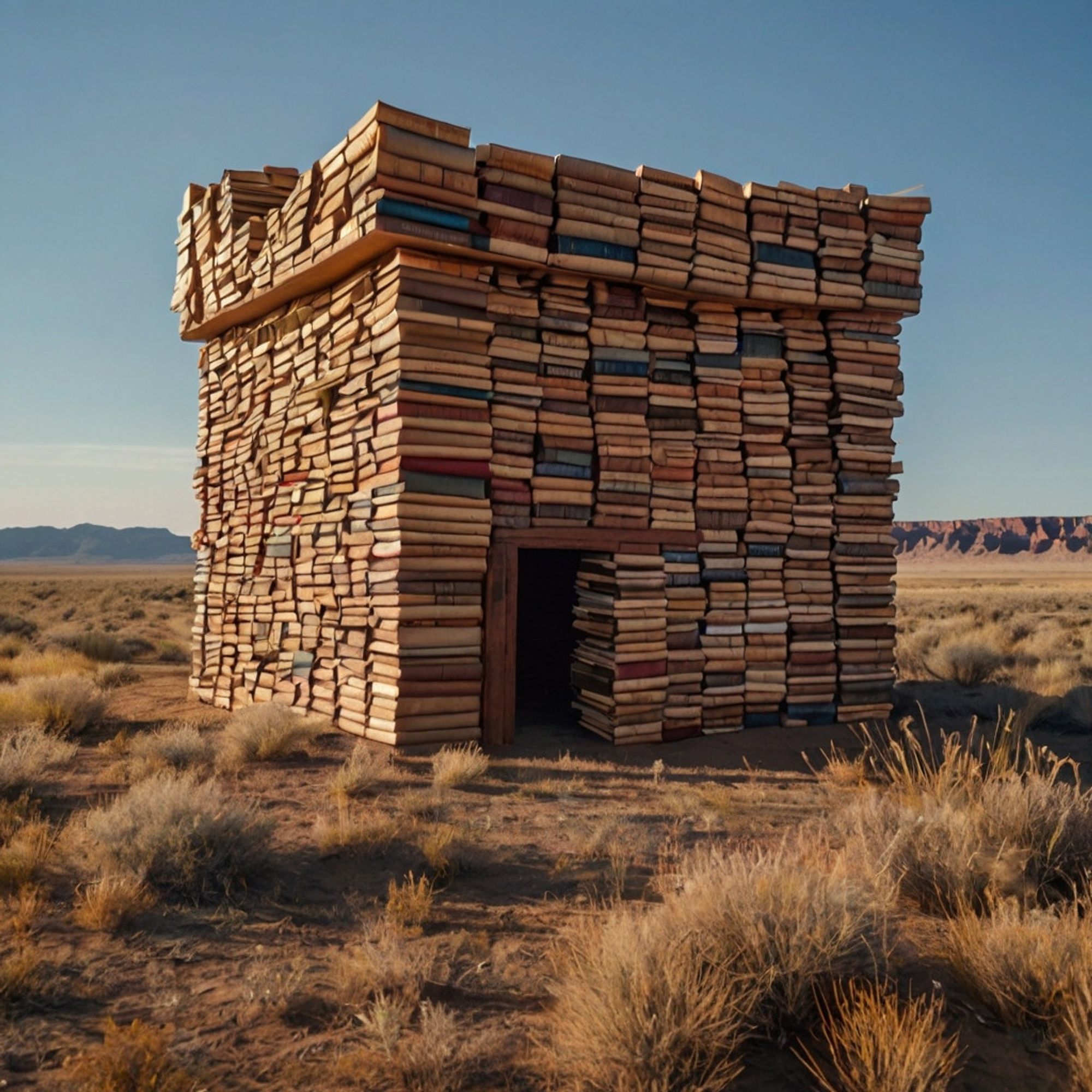 A small prairie fort made entirely out of books.