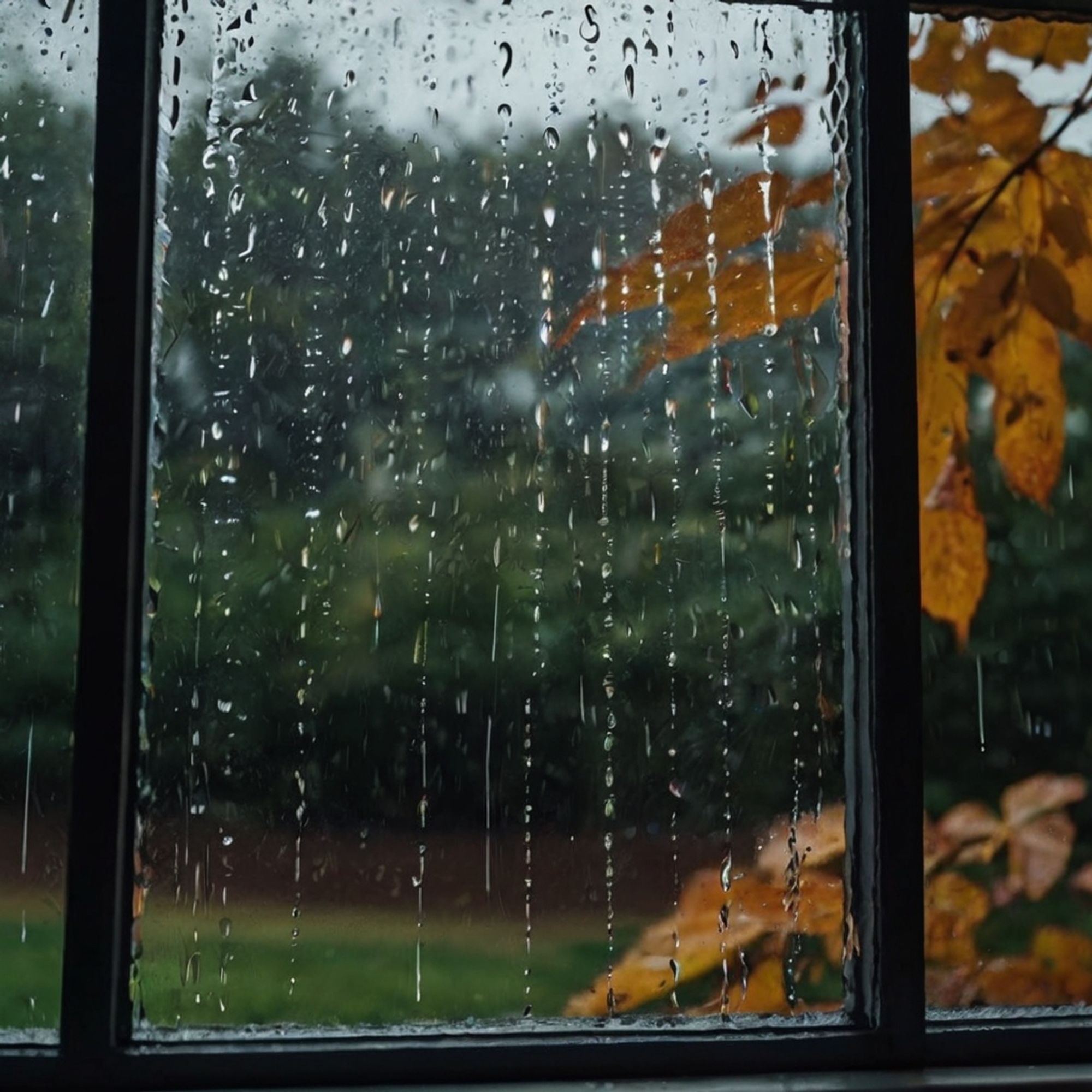 Autumn rain on a window pane.