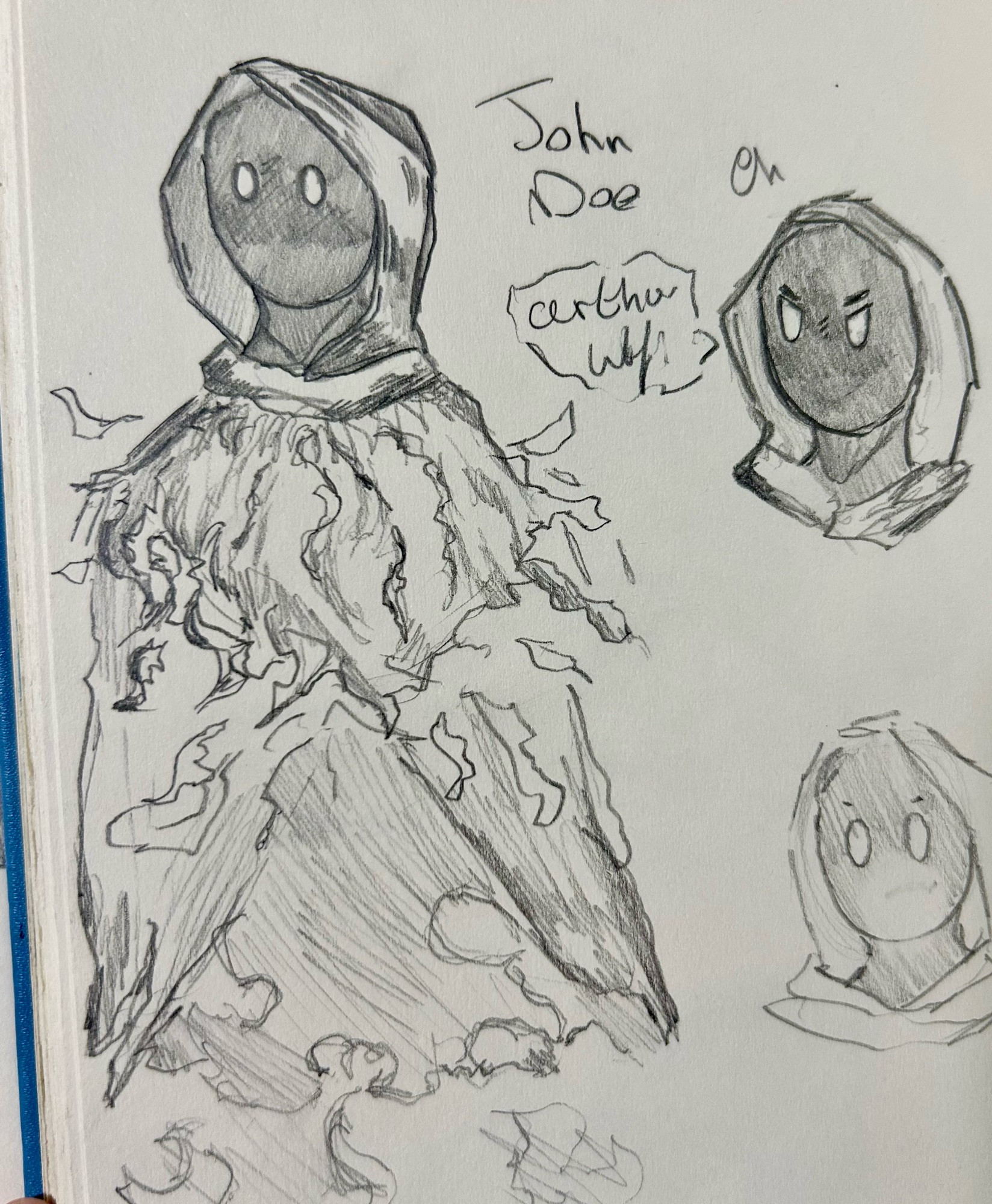 Sketch of a character called John Doe from malevolent, he is a blank dark face with two white eyes with a hooded cloak, there are three doodles one normal, one angry and one slightly surprised 