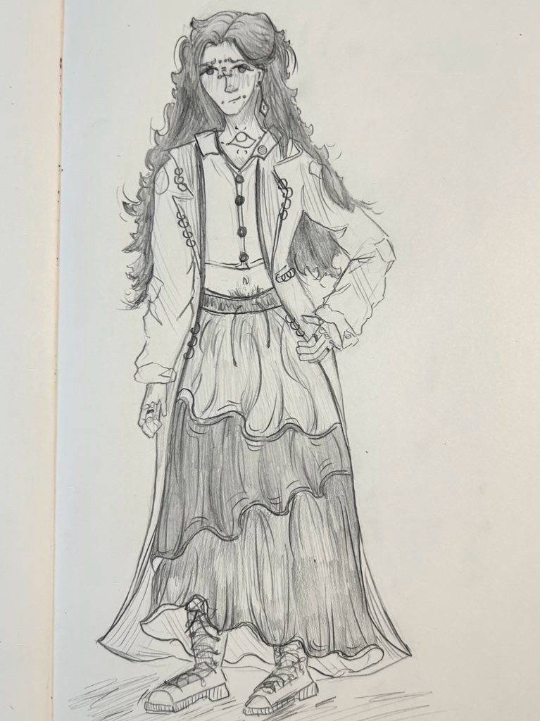 Gerry keay from the magnus archives sketch wearing a long layerd skirt with a crop top, leather jacket and big boots. He has jewerly accessorys alongside many eye tattoos