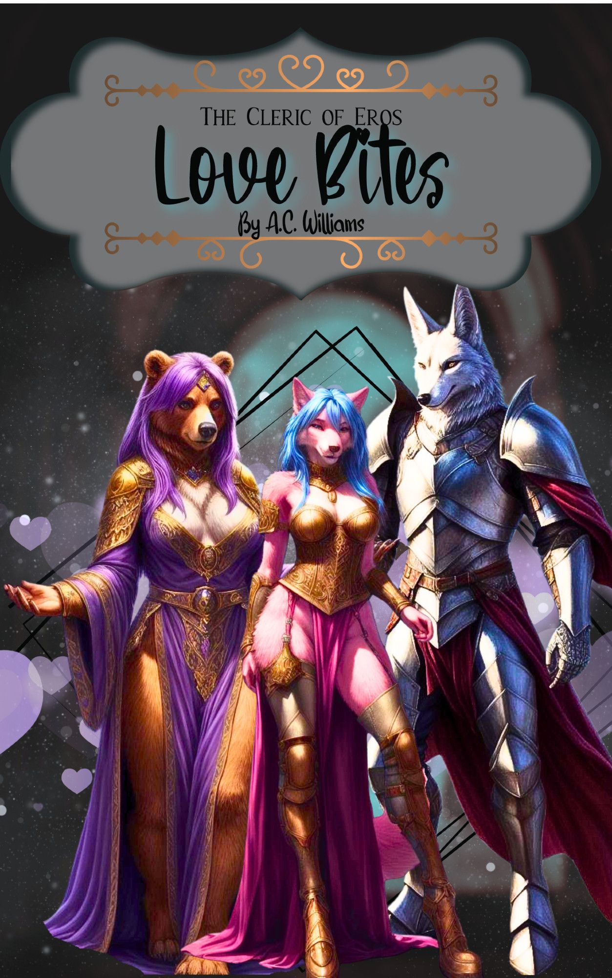 cover of the book love bites by A.C. Williams 
has heart motifs and all three main characters. a purple haired bear a white jackal knight and a pink wolf with blue hair.