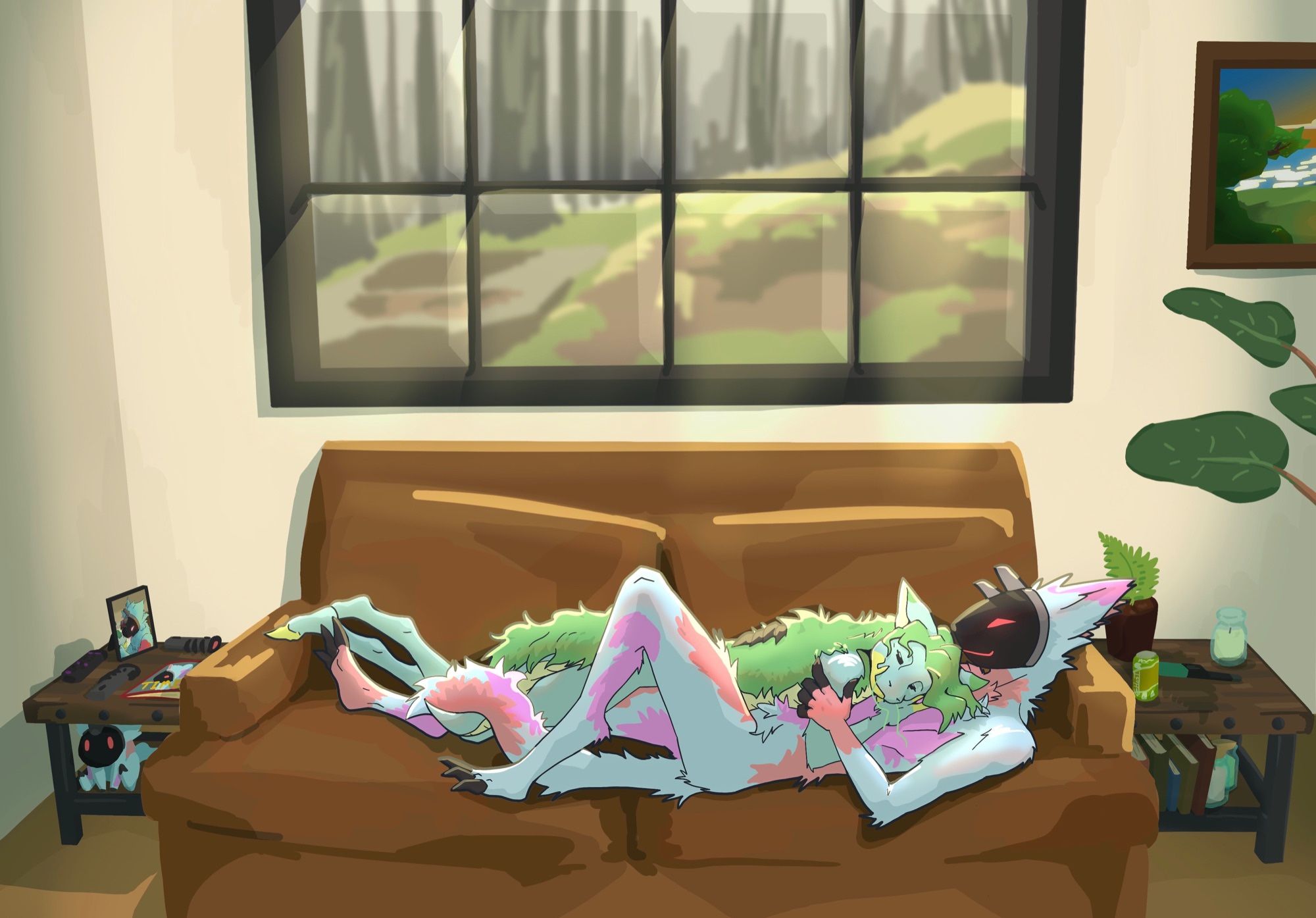 Protogen(lud) and Koilagon(furry lizard thing)(minty) snuggling on the couch