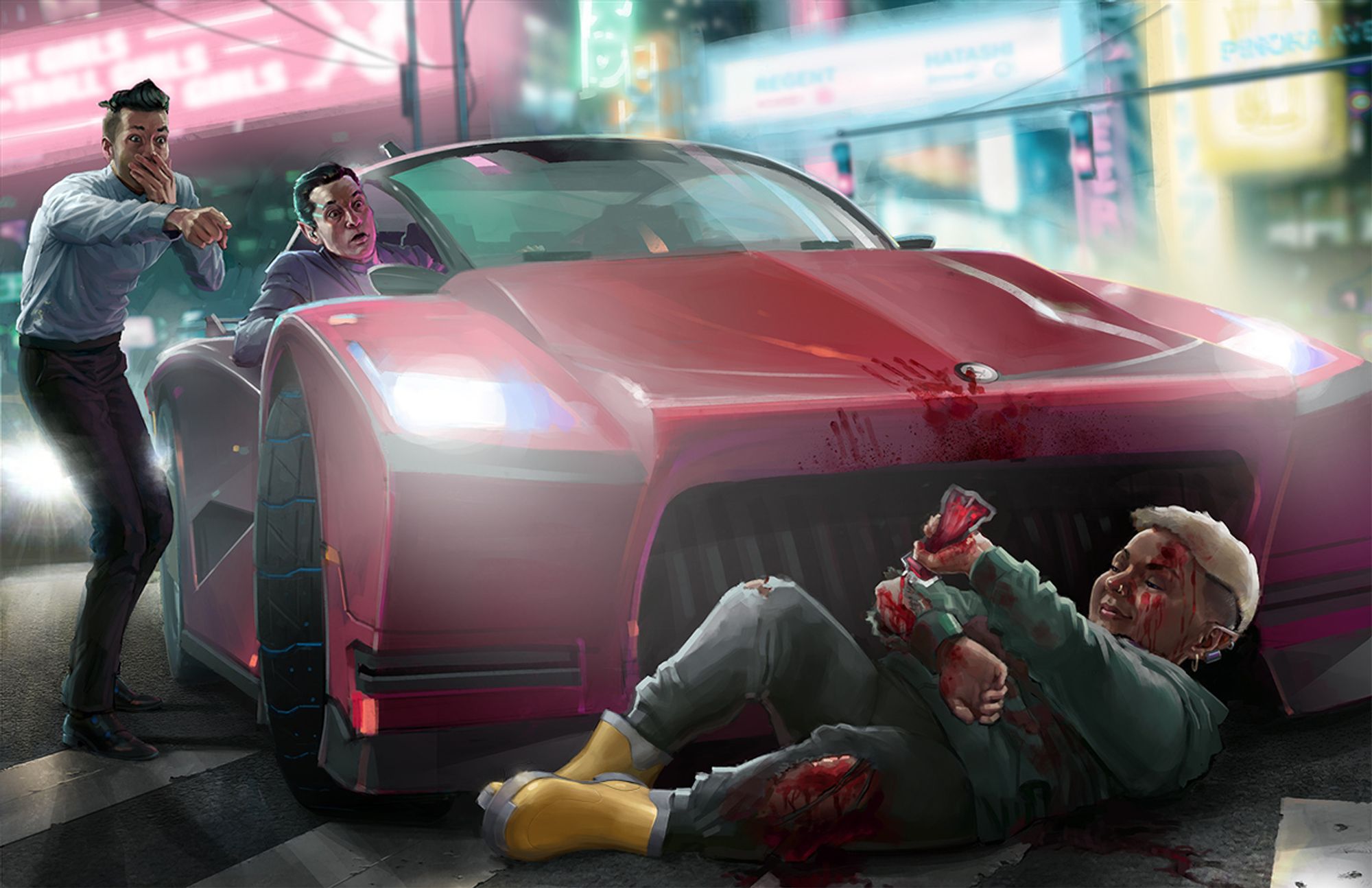 Illustration by Jori Bolton for the Shadowrun TTRPG of a woman lying in front of a stopped car, covering herself in fake (or real) blood to pretend she was hit by the car. An accomplice points in feigned shock while the driver looks on, horrified.