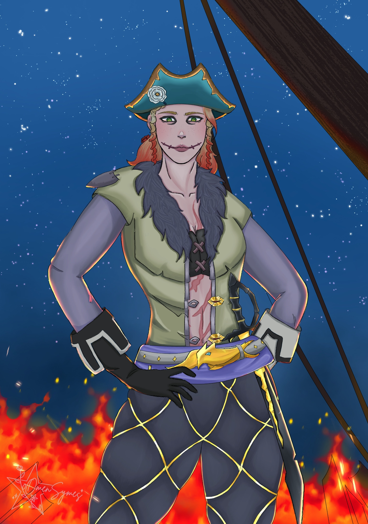 A picture of Róisín’s pirate standing with her hands on her hip she's wearing her traditional fate of fortune inspired outfit and blue hat. There's fire also adorning the background.