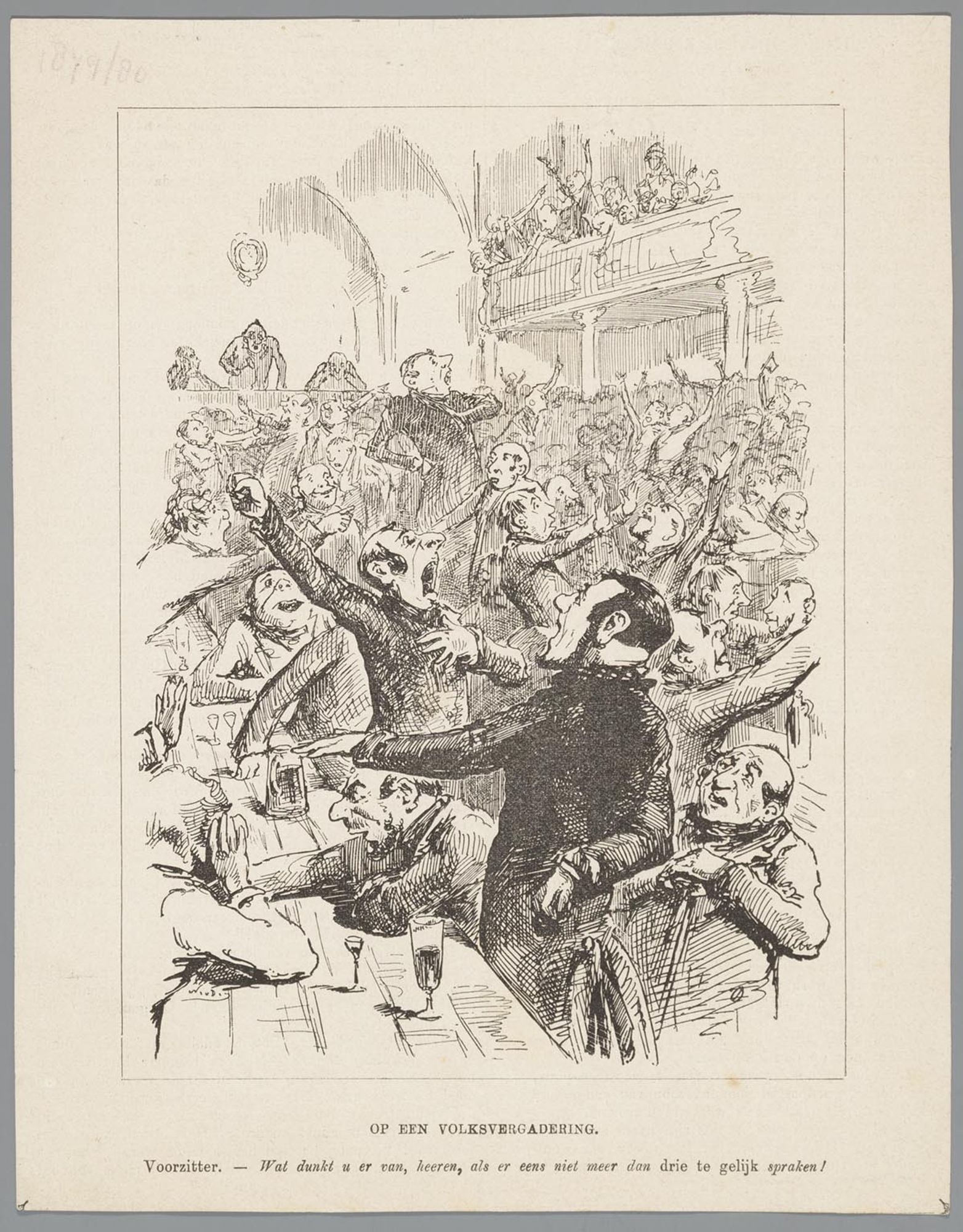 19th century Dutch print of a noisy meeting hall: men are standing up and shouting, alcohol on the table