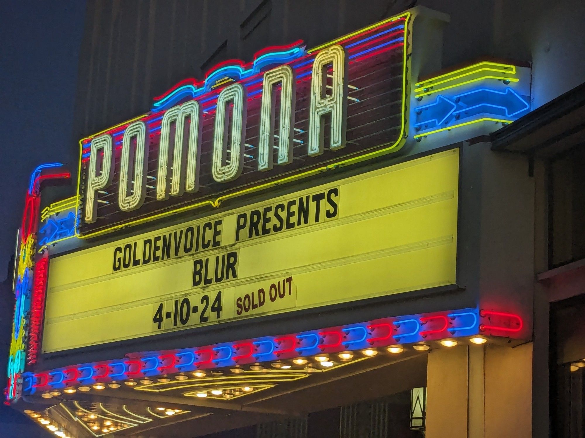 The marquee sign outside the Fox Theater in Pomona, saying "Blur 4-10-24 SOLD OUT"