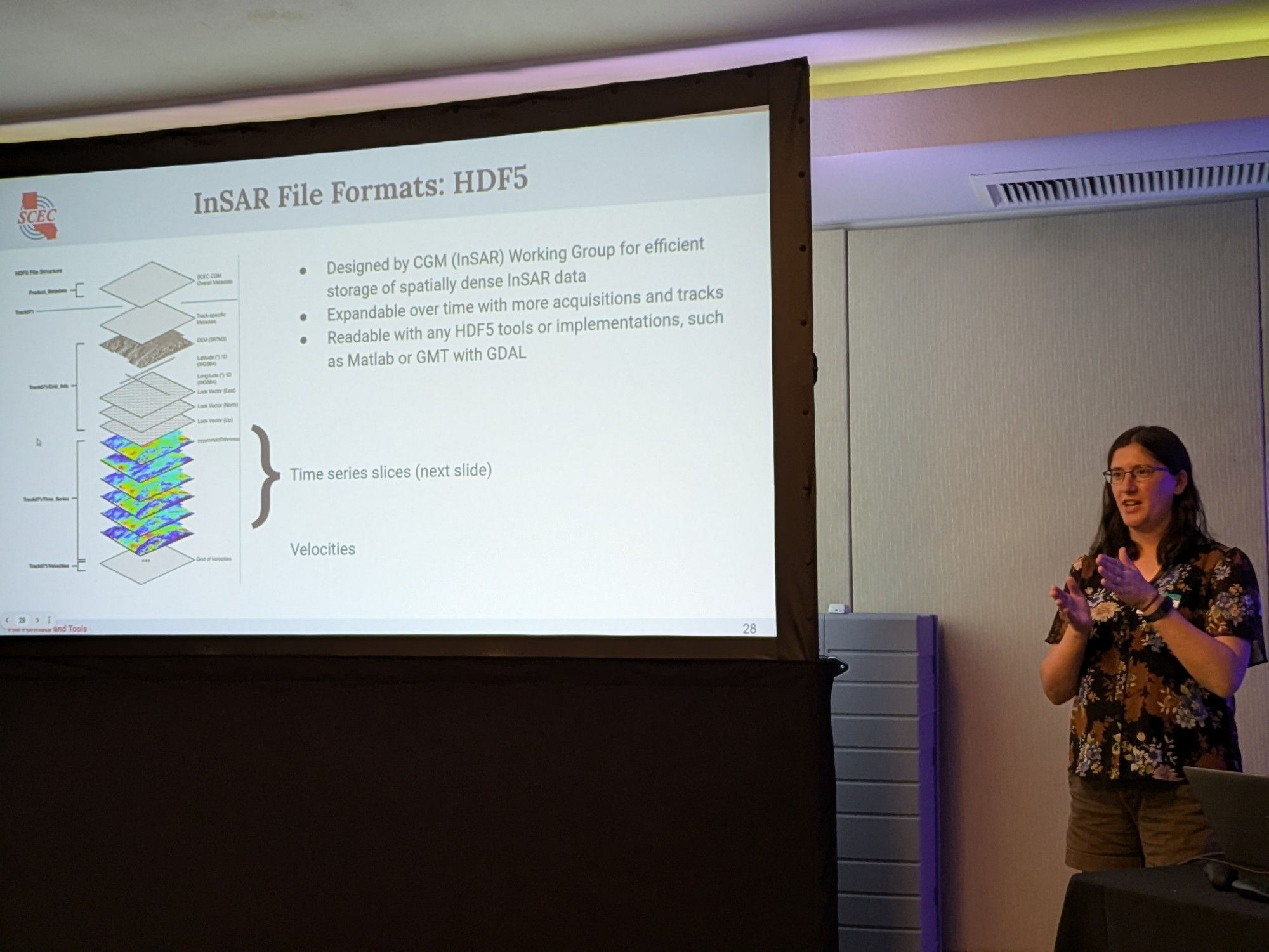 Kathryn Materna standing next to her slide on the CGM InSAR HDF5 data format