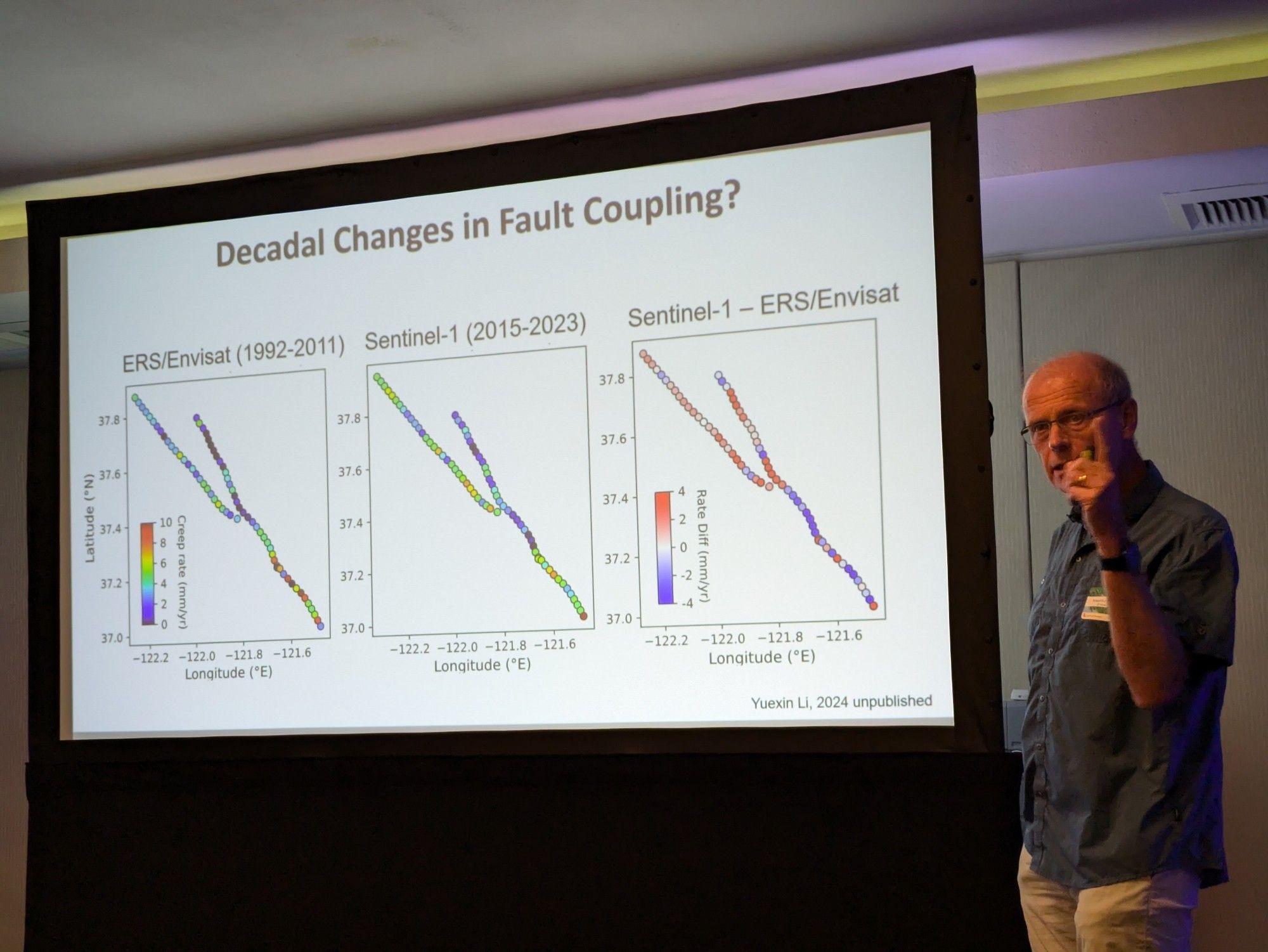 Roland Bürgmann standing in front of his slide on changes in fault creep on the Calaveras and Hayward faults