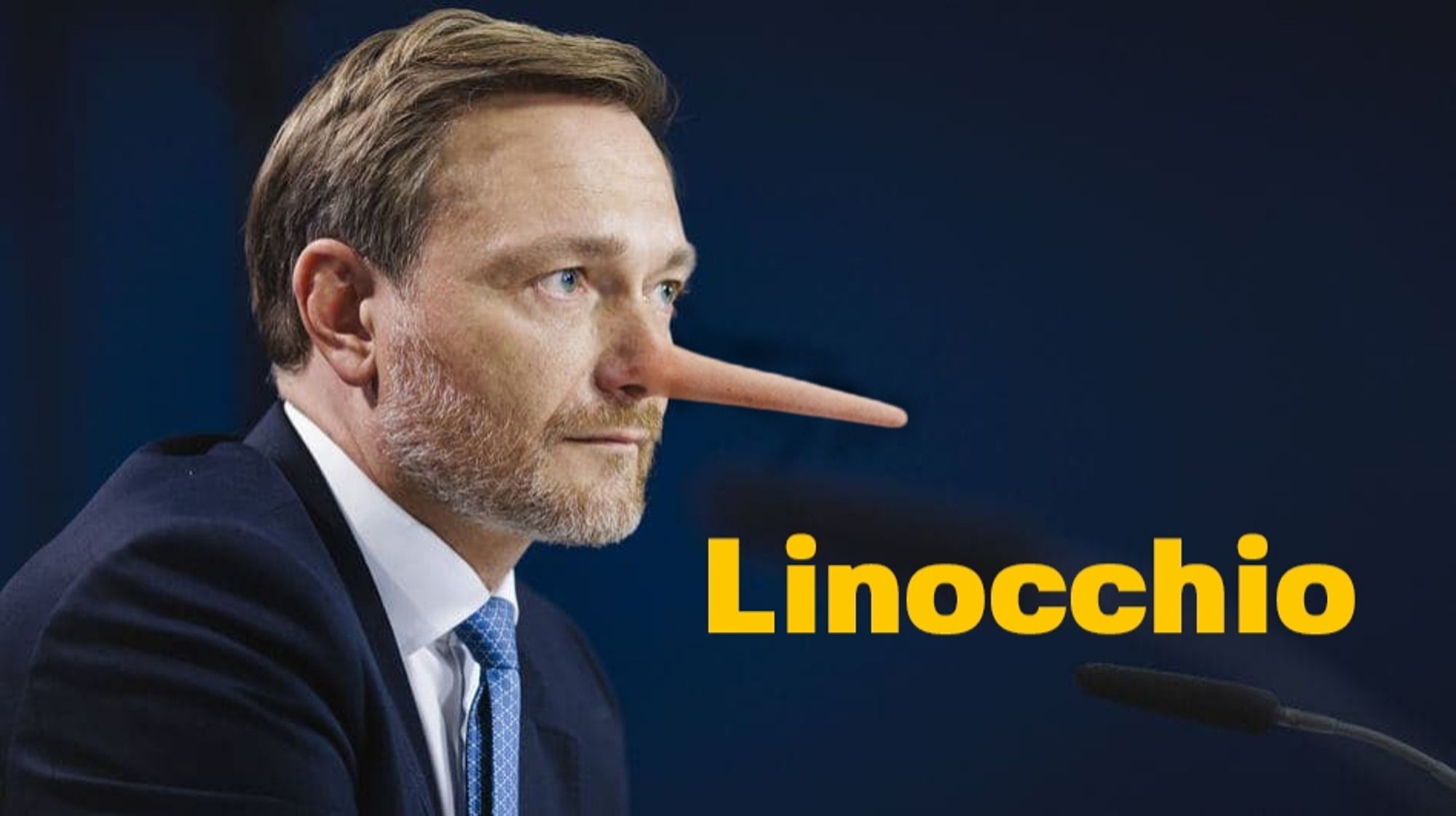 Christian Lindner mit Pinocchio Nase  
Text: Linocchio