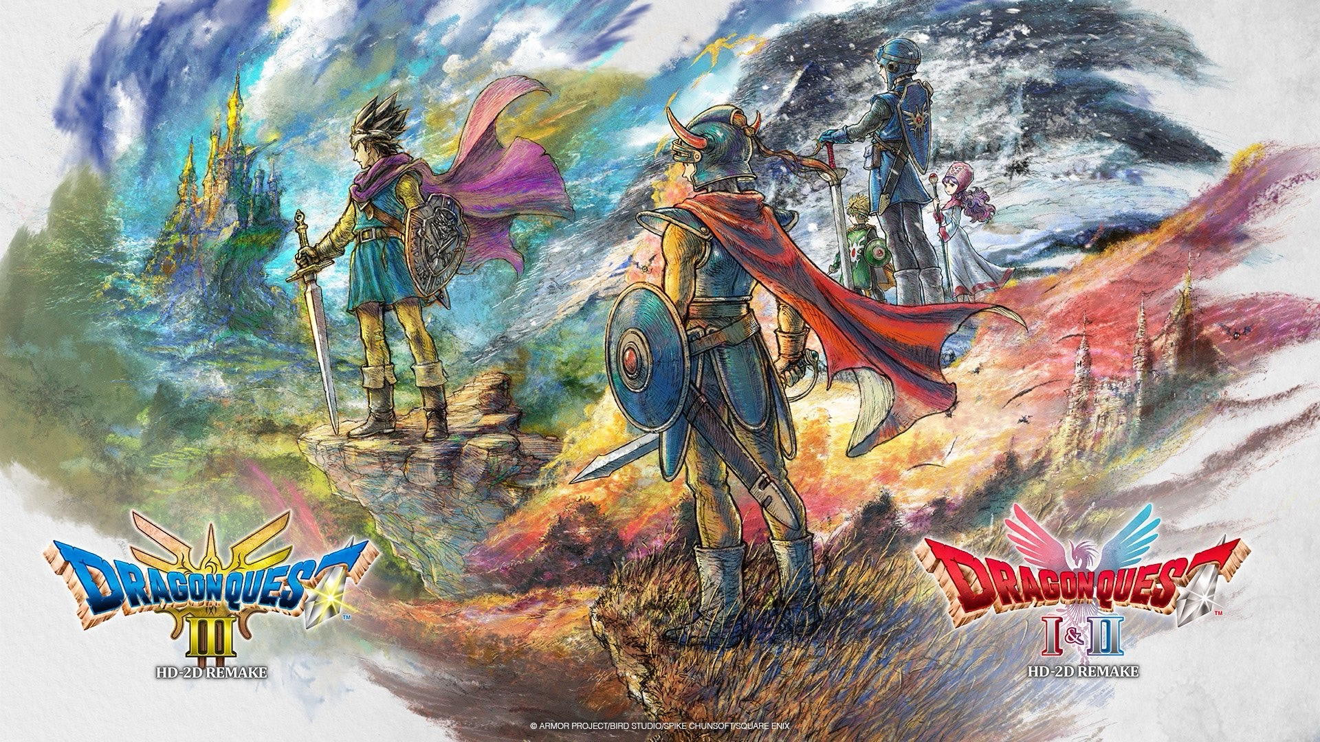 Promotional art for the HD-2D remakes of Dragon Quest 1, 2, and 3.