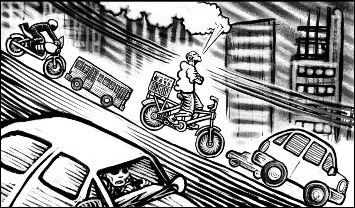 Cartoon depiction of a young man riding a bicycle on a street with heavy traffic. He is casually exhaling a cloud of smoke.