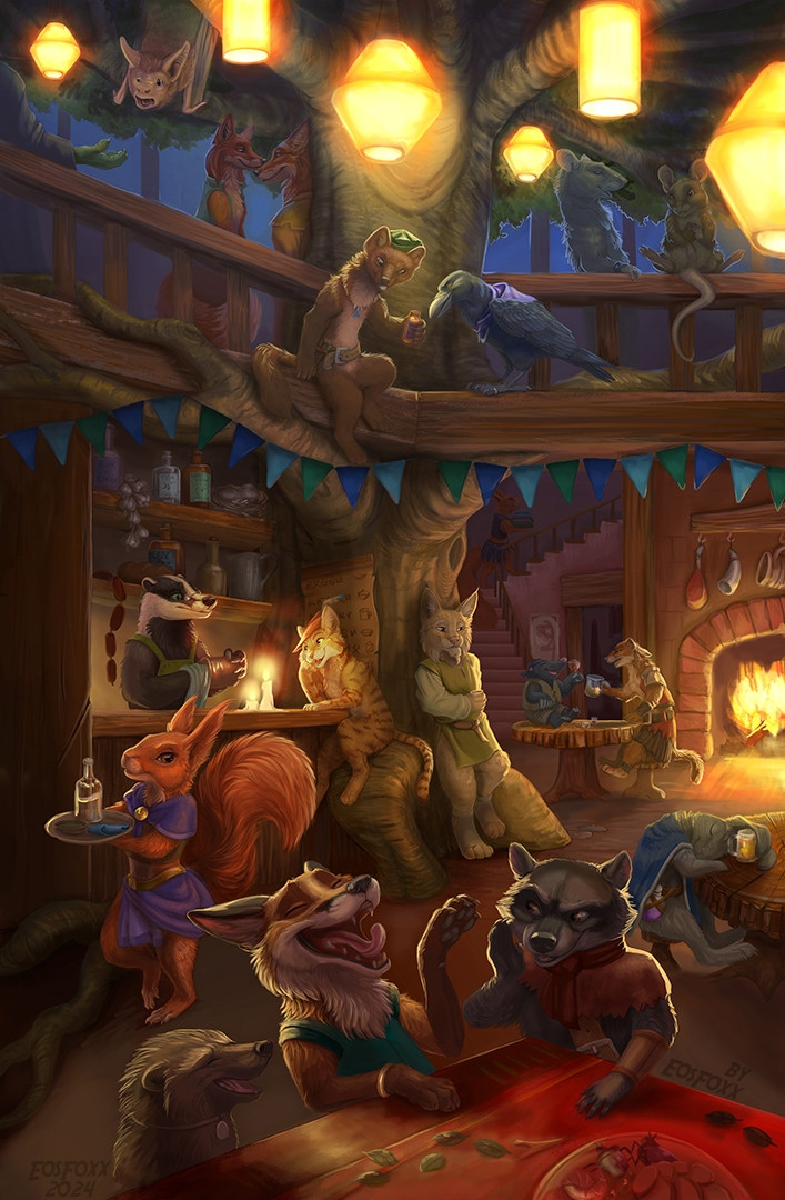 A tavern with a hughe tree in the middle. People drinking laughing. 