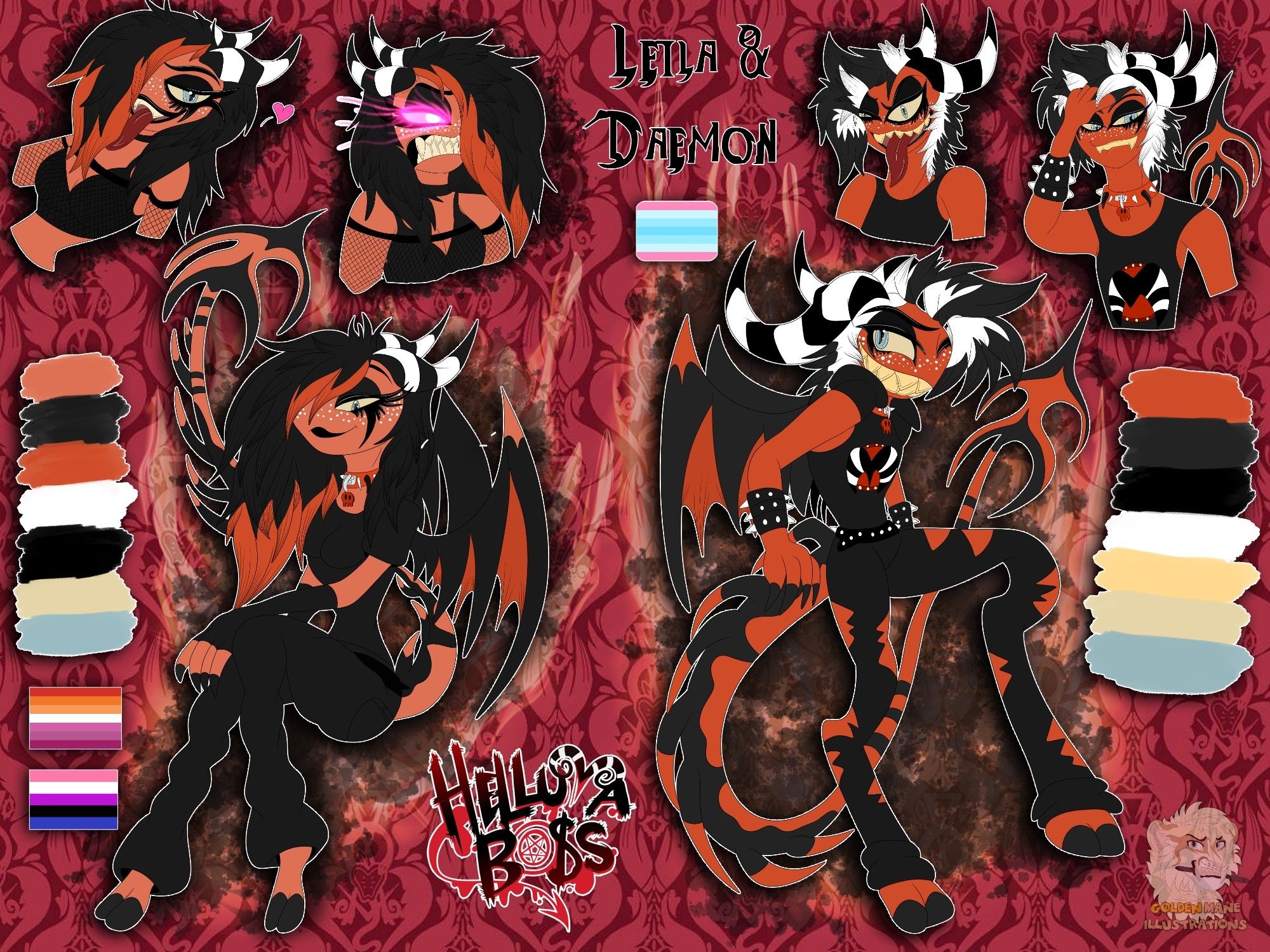 Ref sheet of my Hellaverse imp and succubus  hybrid sona. Both showing my masculine and feminine selves.