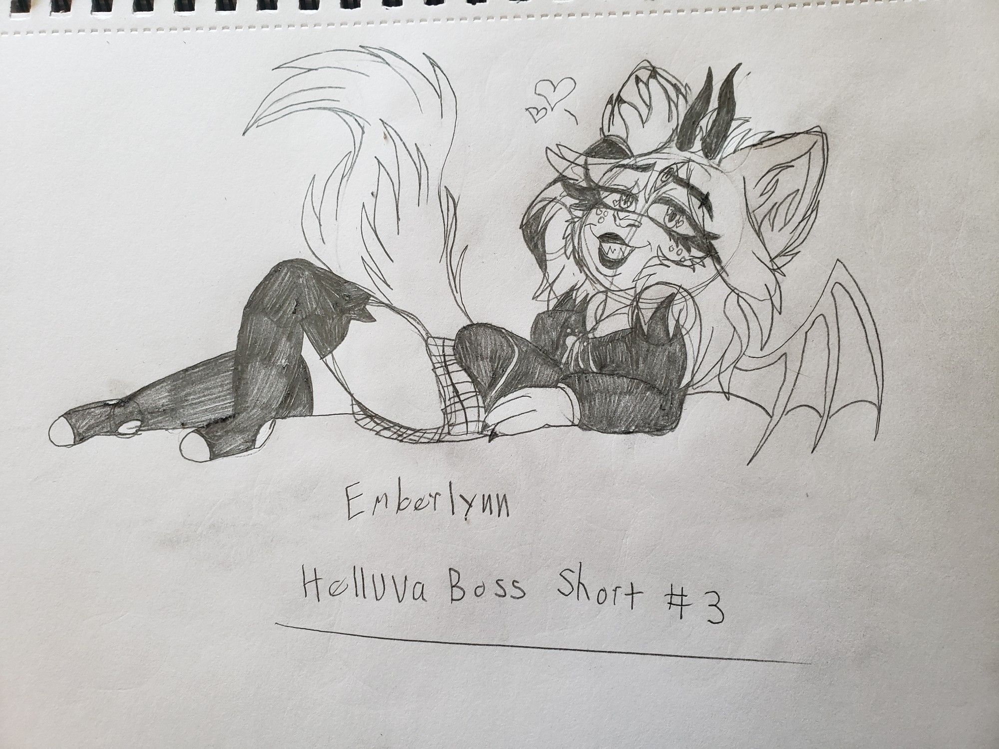 Black and white sketch doodle of Emberlynn from Helluva Boss.