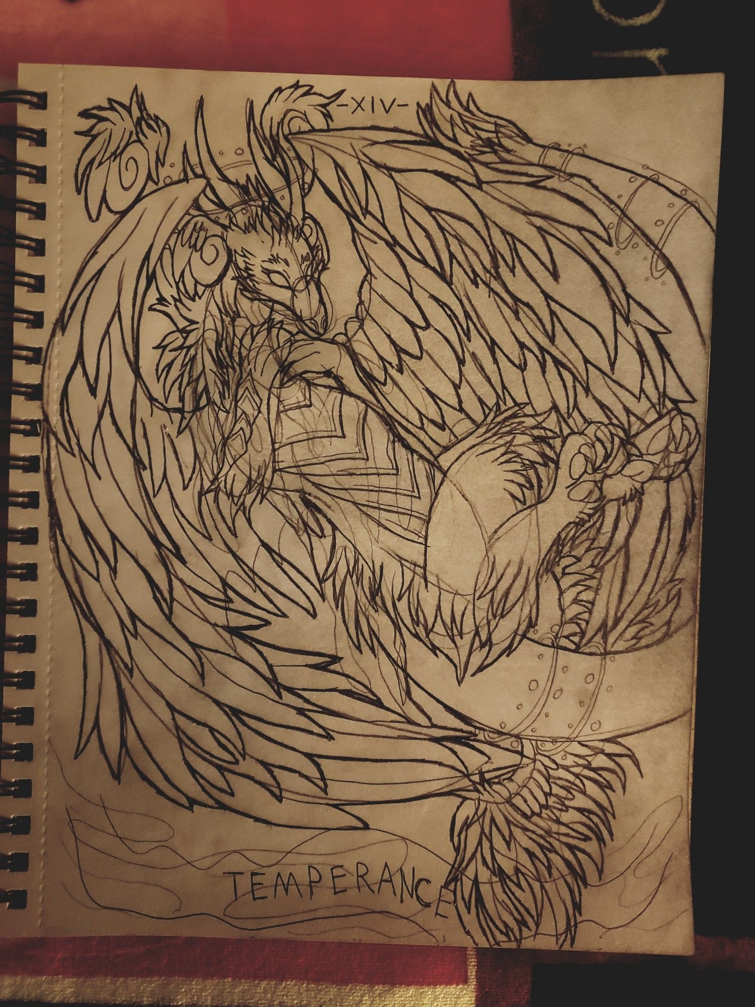 WIP sketch of the "Temperance" tarot card design. Sagittarius Energy. An angelic dragon holding a glowing blue orb with water flowing down. Representing balance and patience. Symbolic of the flow and alchemy of life.