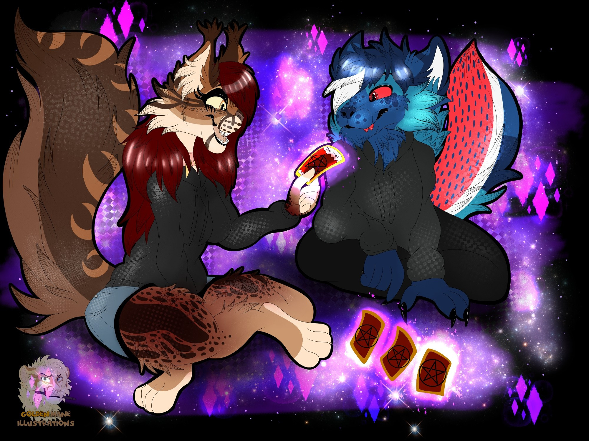 My characters, Lunella the lynx/fox and her partner Pepsi the wolfdog having a magical tarot reading together. Featuring purple galaxy colors with stars, sparkles, and diamond patterns.