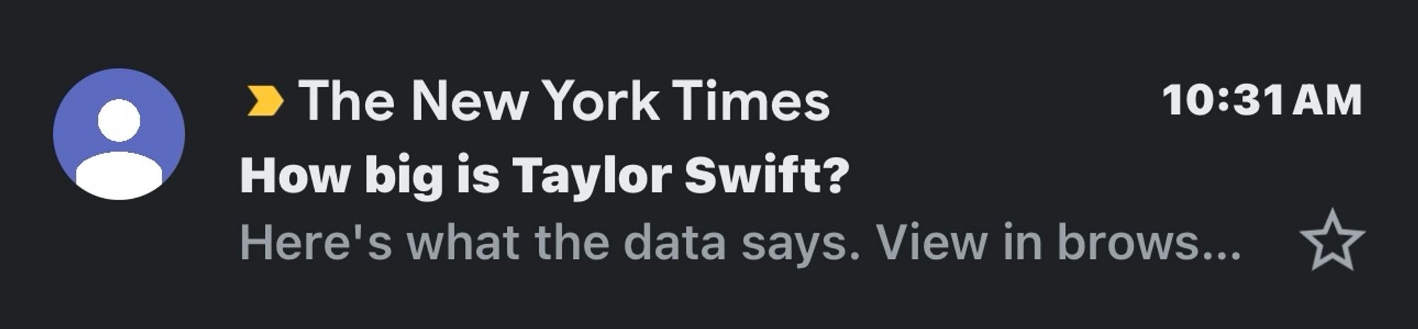 An email from the NYT with the headline “How big is Taylor Swift?”