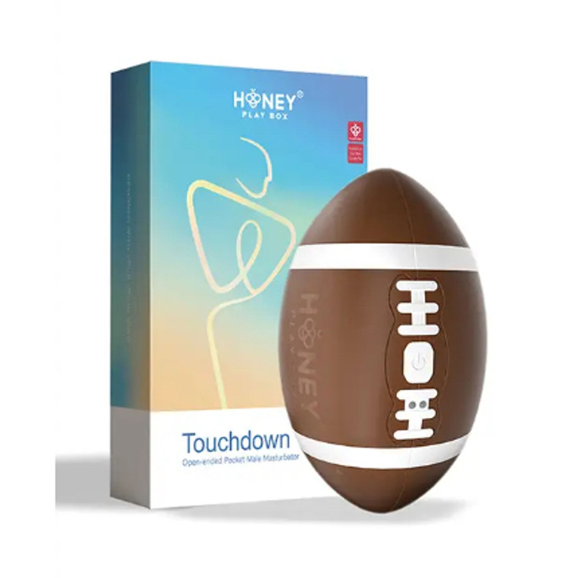 A sex toy shaped like a football, shown with box.