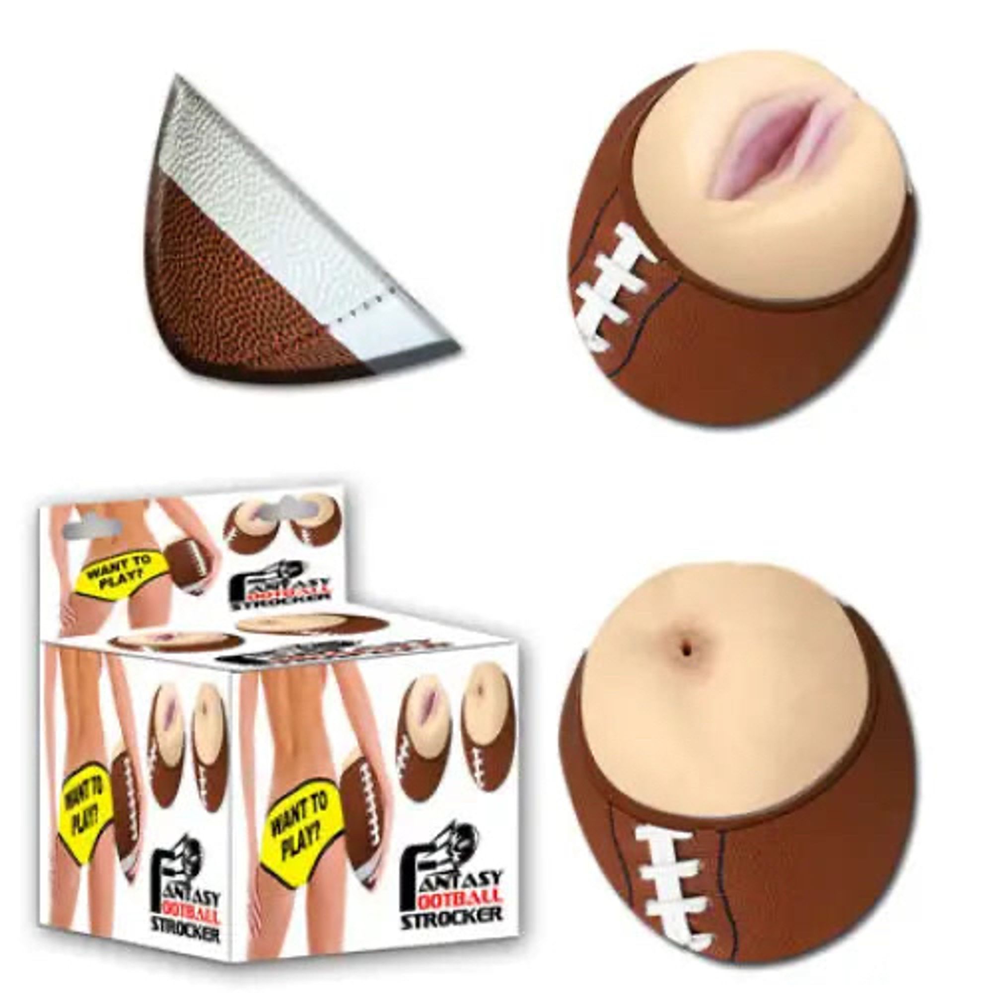 A sex toy shaped like a football with mount and anus openings.