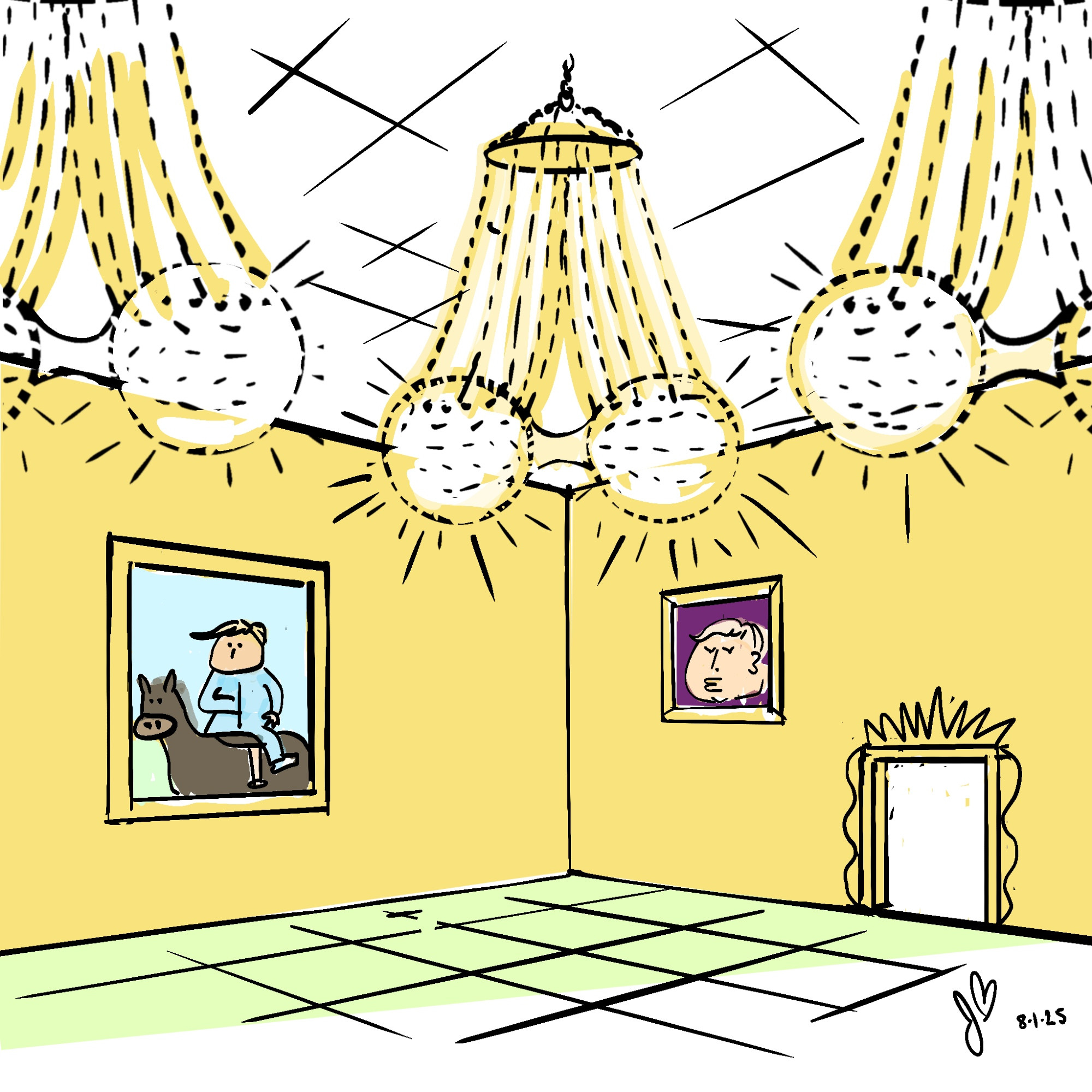Cartoon: Gilded Trump Ballroom with chandeliers that look like scrotums, pictures of Trump on the walls.
