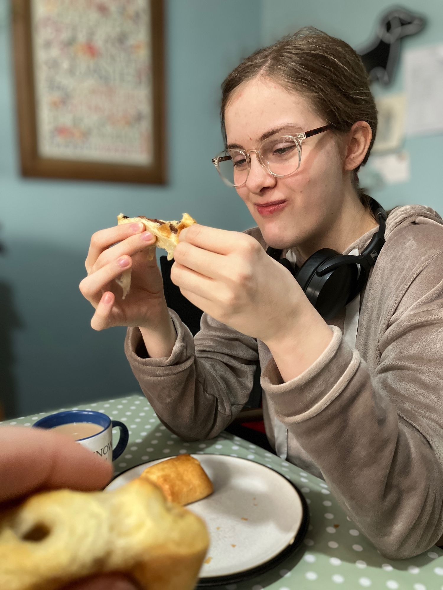 My daughter sat at the table with me eating pain au chocolat she made for Mother’s Day x