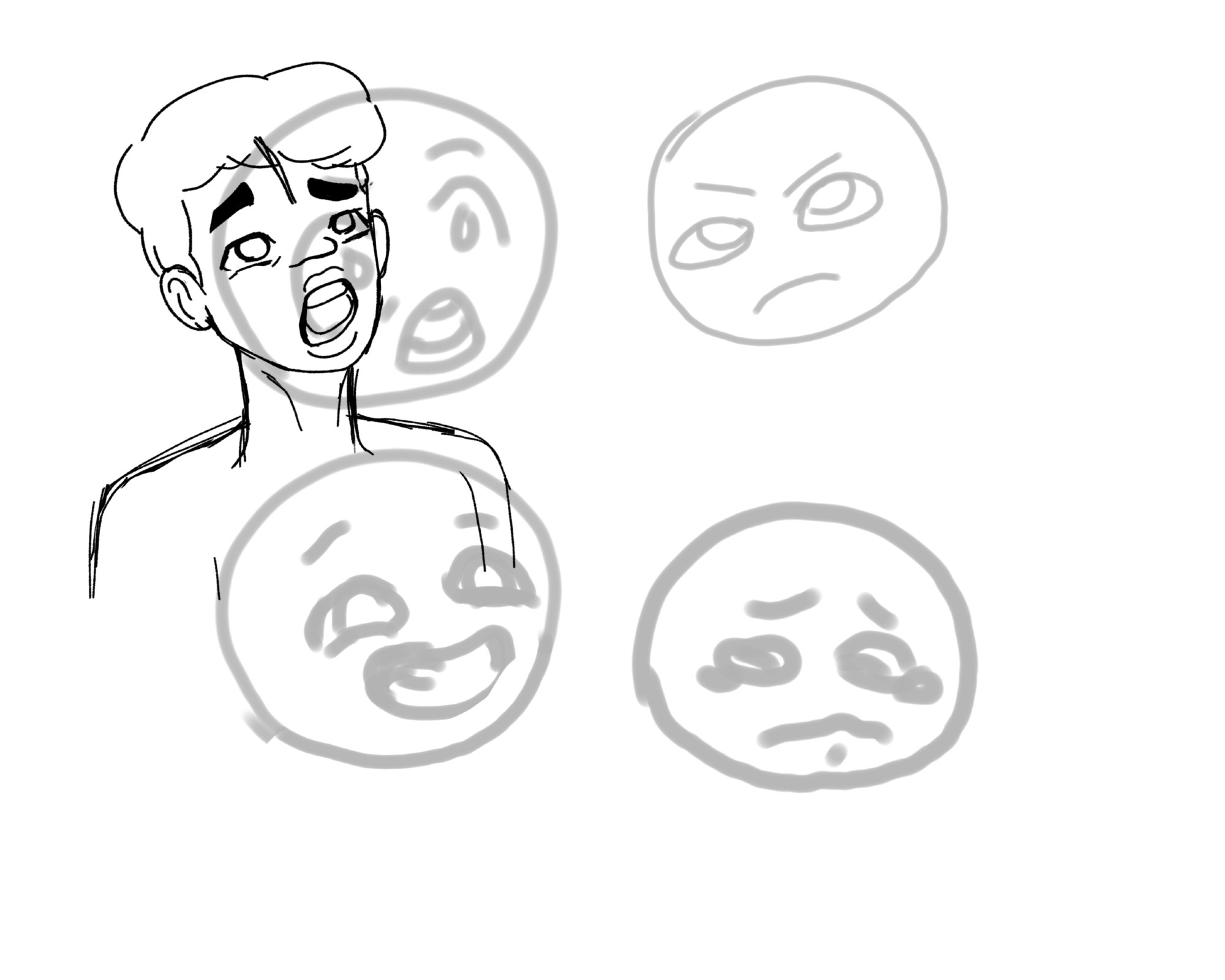 An image of a boy making a confused face with an image at low opacity with 4 emotions drawn on circles. Confused Mad Happy Sad