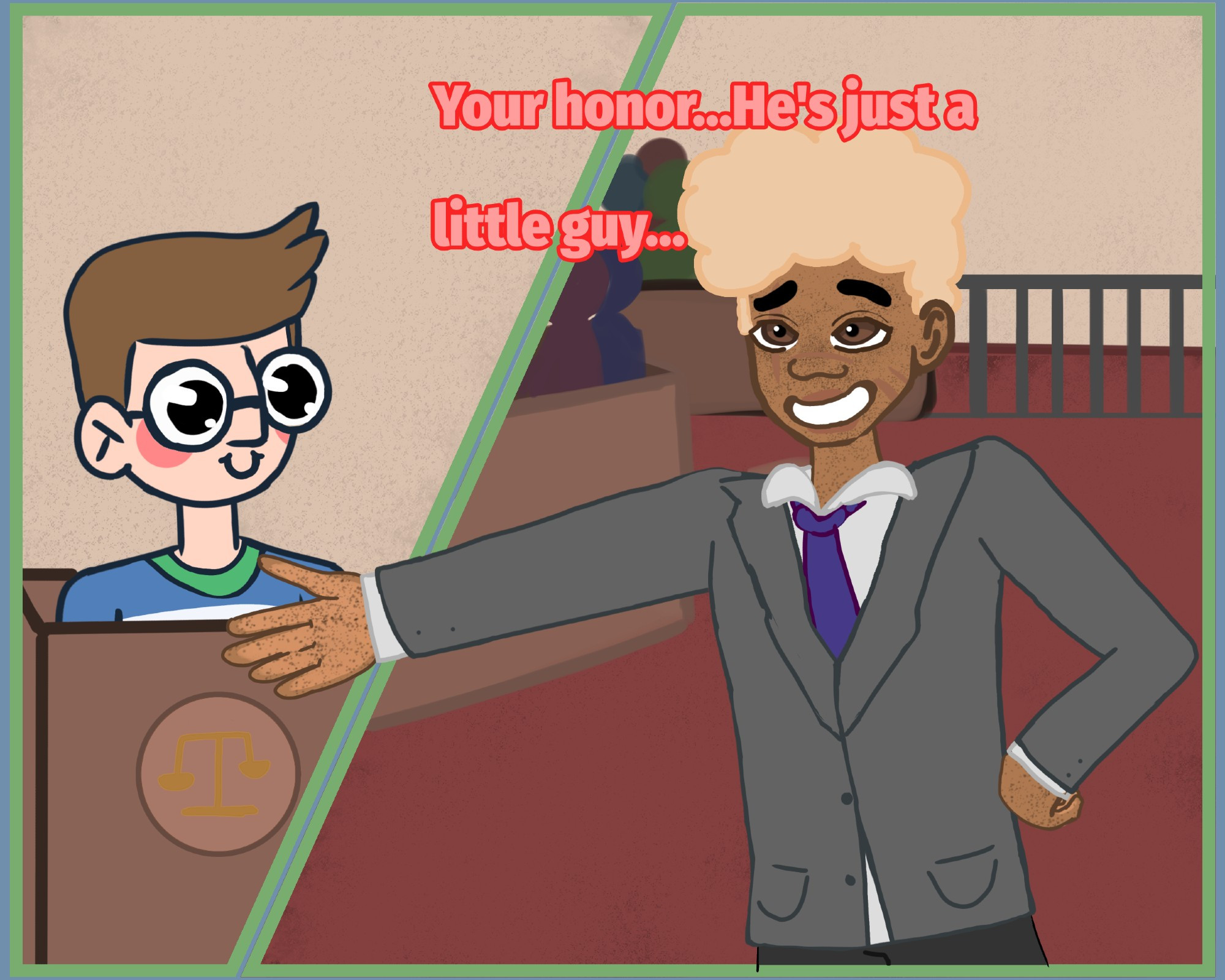 An image of a boy in a suit with curly blonde hair in a pompadour, deep tan skin with freckles and scars, thick black eyebrows, and a smiling face in court. A boy with short brown hair, glasses, a blue shirt with a green neckline, and a white stripe on the stand with a goofy smile. 