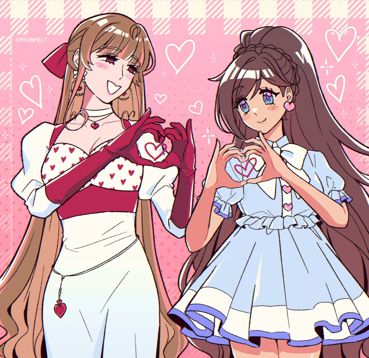 A digital drawing of two women looking at each other while making heart hands in a friendly way; one is wearing a white and red dress, while the other is wearing a baby blue dress.