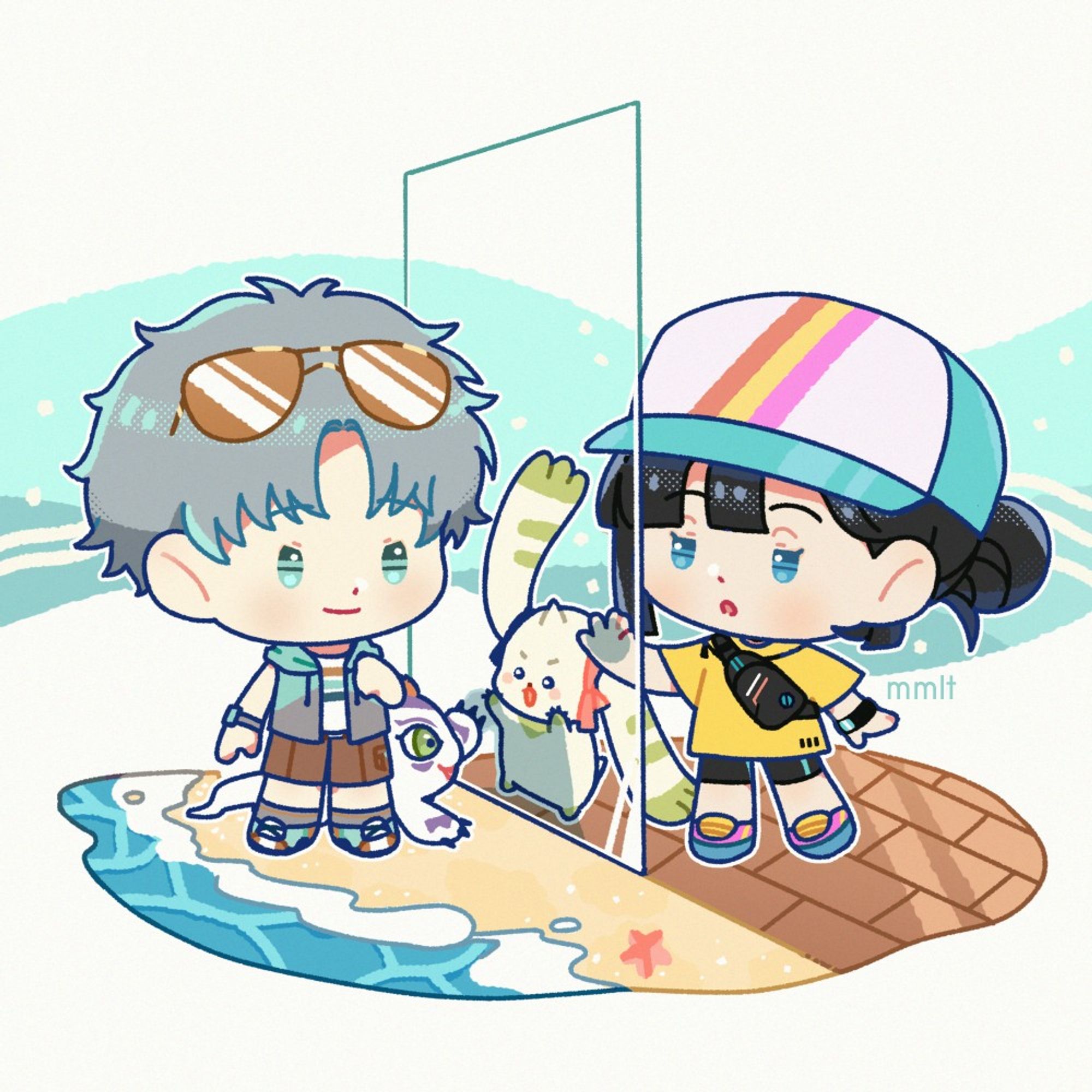 A digital drawing of two chibi characters standing. The grey-haired boy on one side is on beach sand, smiling; the girl on the other side is on a brick road, placing her hand on a glass in front of her curiously. (For context: There are inside jokes about how both characters resemble one another quite a lot despite looking nothing alike.) Terriermon and Gomamon are touching the glass cutely.

The grey-haired boy with sunglasses on top of his head belongs to @6sette3