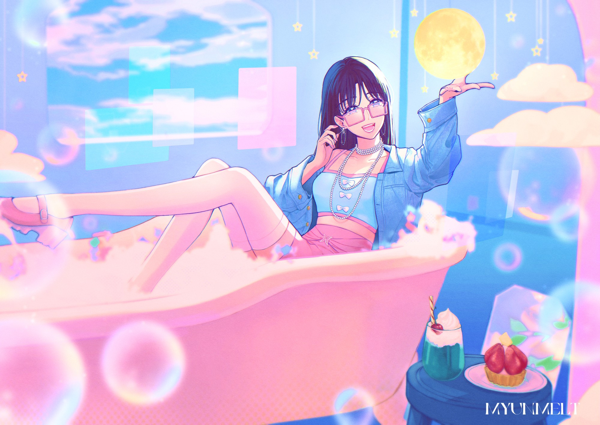 A digital drawing of a black-haired woman in a bubble bath tub holding out her hand under a tiny full moon in a pink-and-blue-toned room