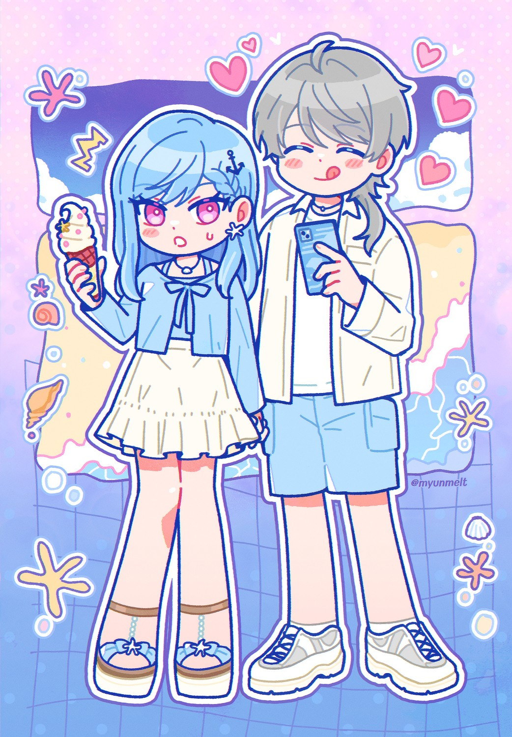 A digital drawing of a sea-themed couple: the girlfriend is holding an ice cream cone while the boyfriend is holding his phone, seemingly to be taking a picture of her, looking happy.